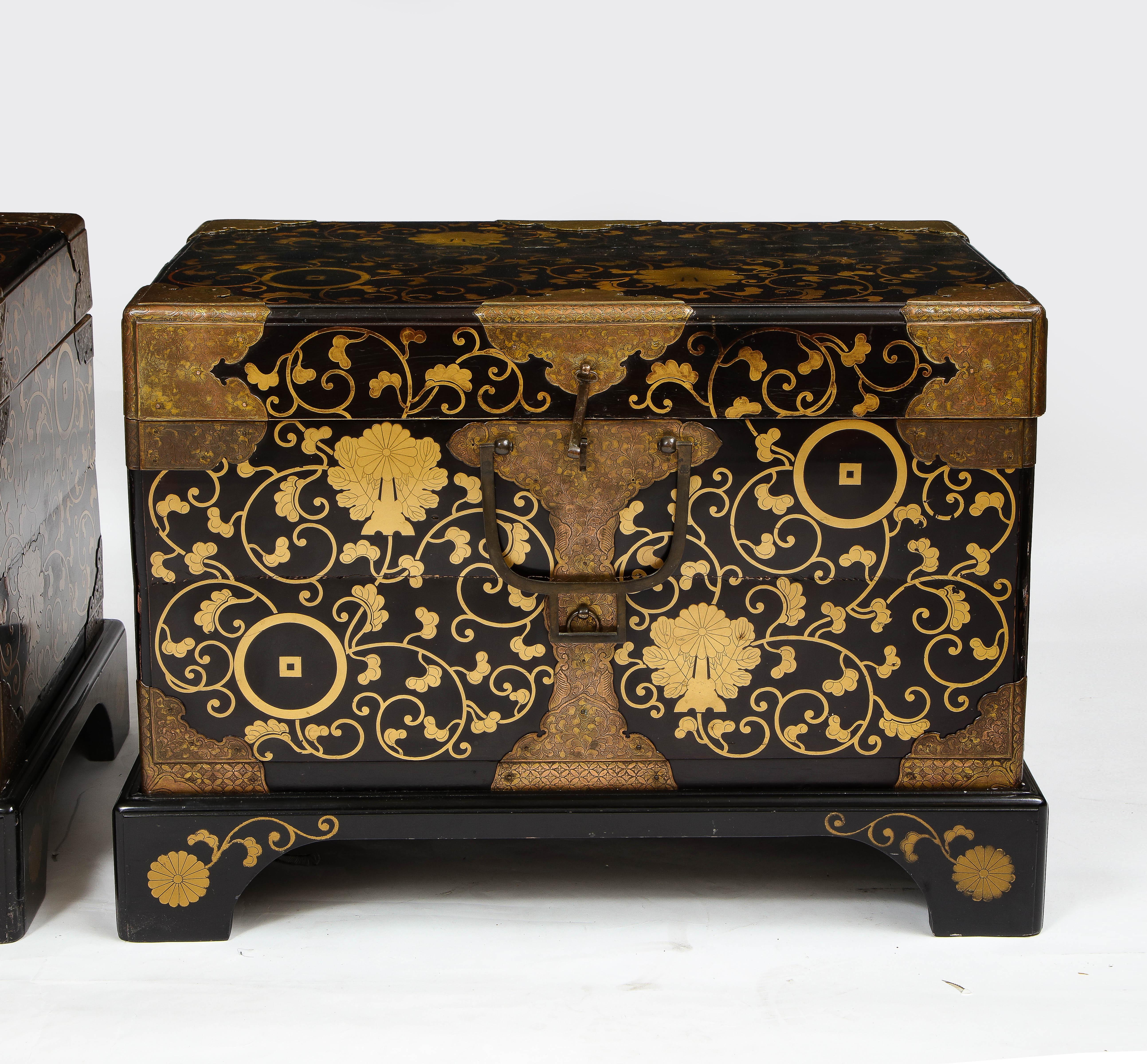 Late 19th Century  Pair of 19th Century Japanese Meiji Period Dore Bronze Mounted Lacquered Chests For Sale