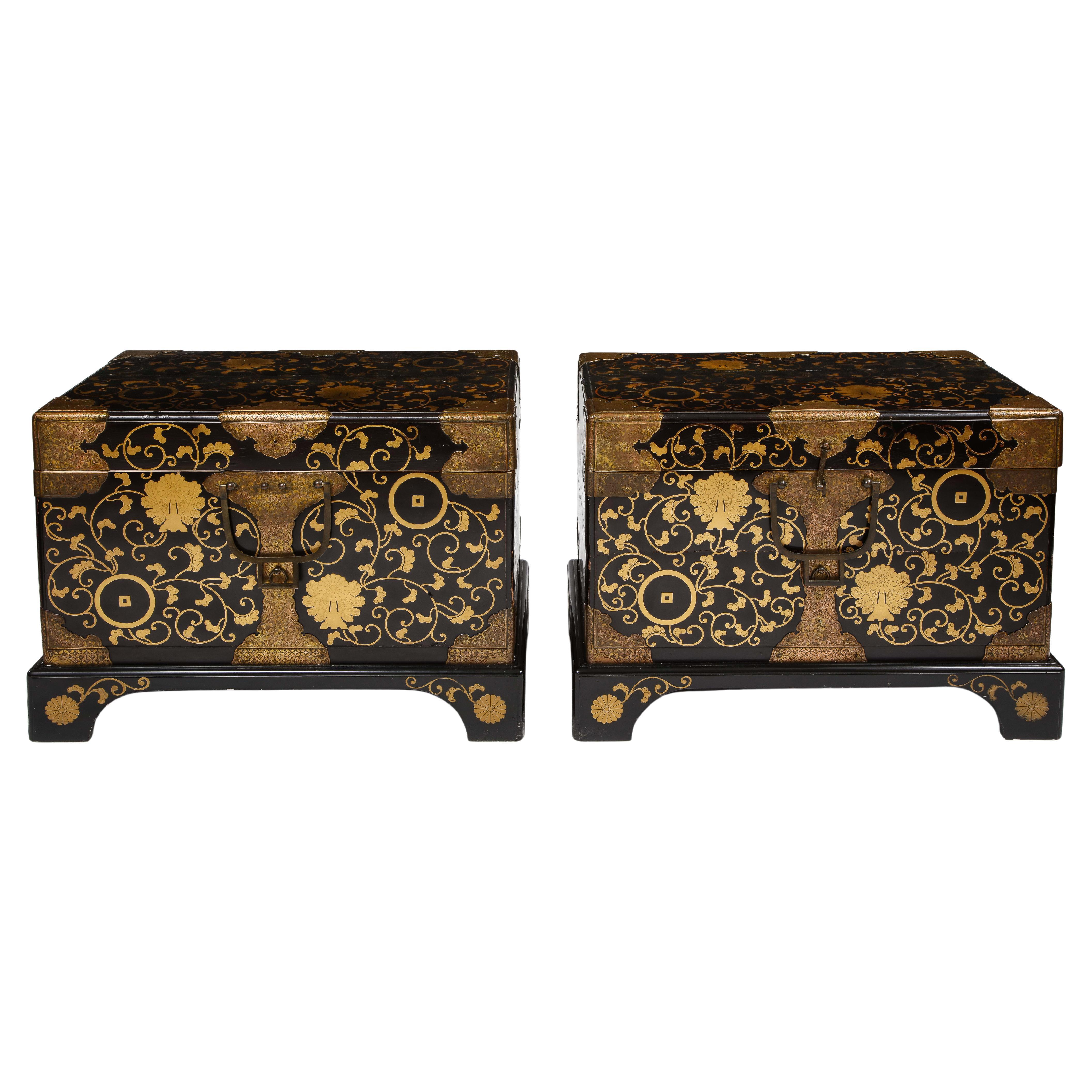  Pair of 19th Century Japanese Meiji Period Dore Bronze Mounted Lacquered Chests For Sale