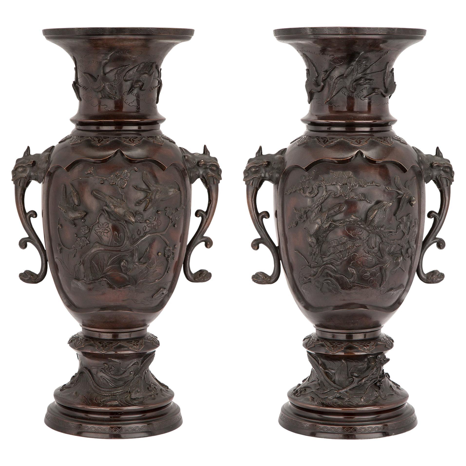 Pair of 19th Century Japanese Meiji Period Patinated Bronze Urns