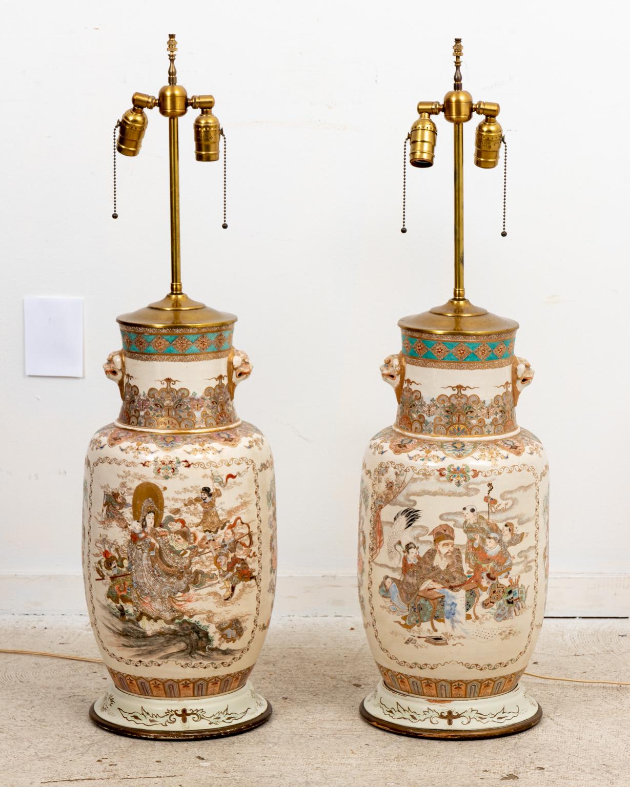 Pair of 19th Century Japanese Painted Satsuma Lamps In Good Condition In Stamford, CT