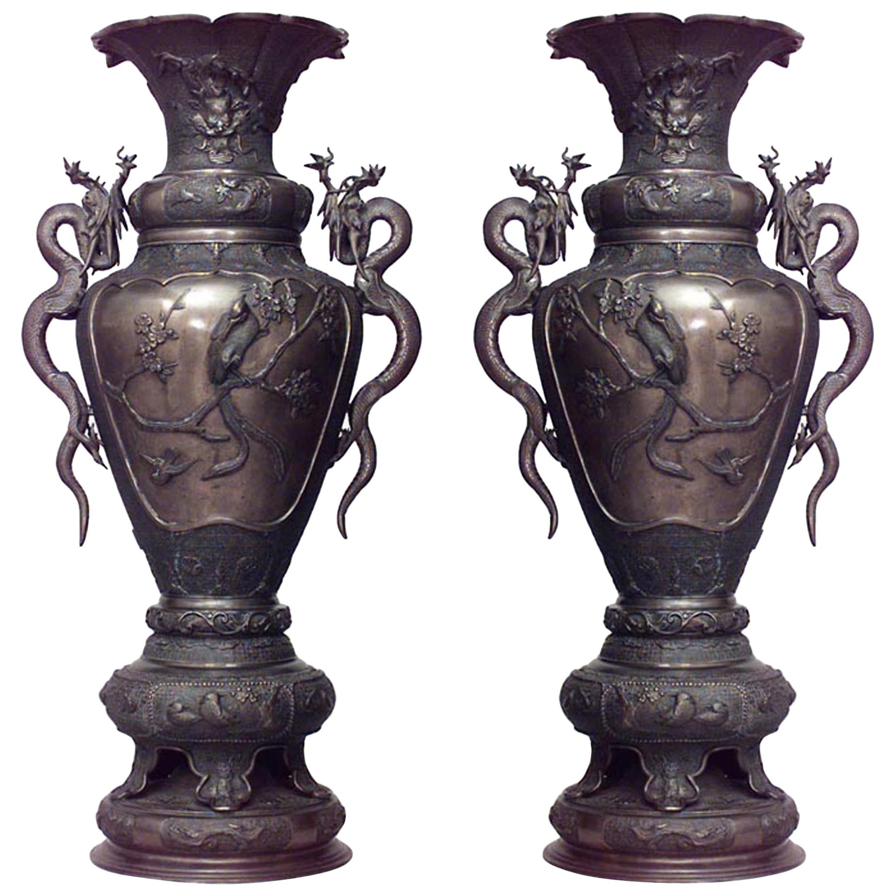 Pair of Japanese Style Bronze Palace Urns