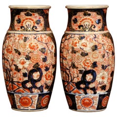 Pair of 19th Century Japanese Porcelain Imari Vases with Floral Decor