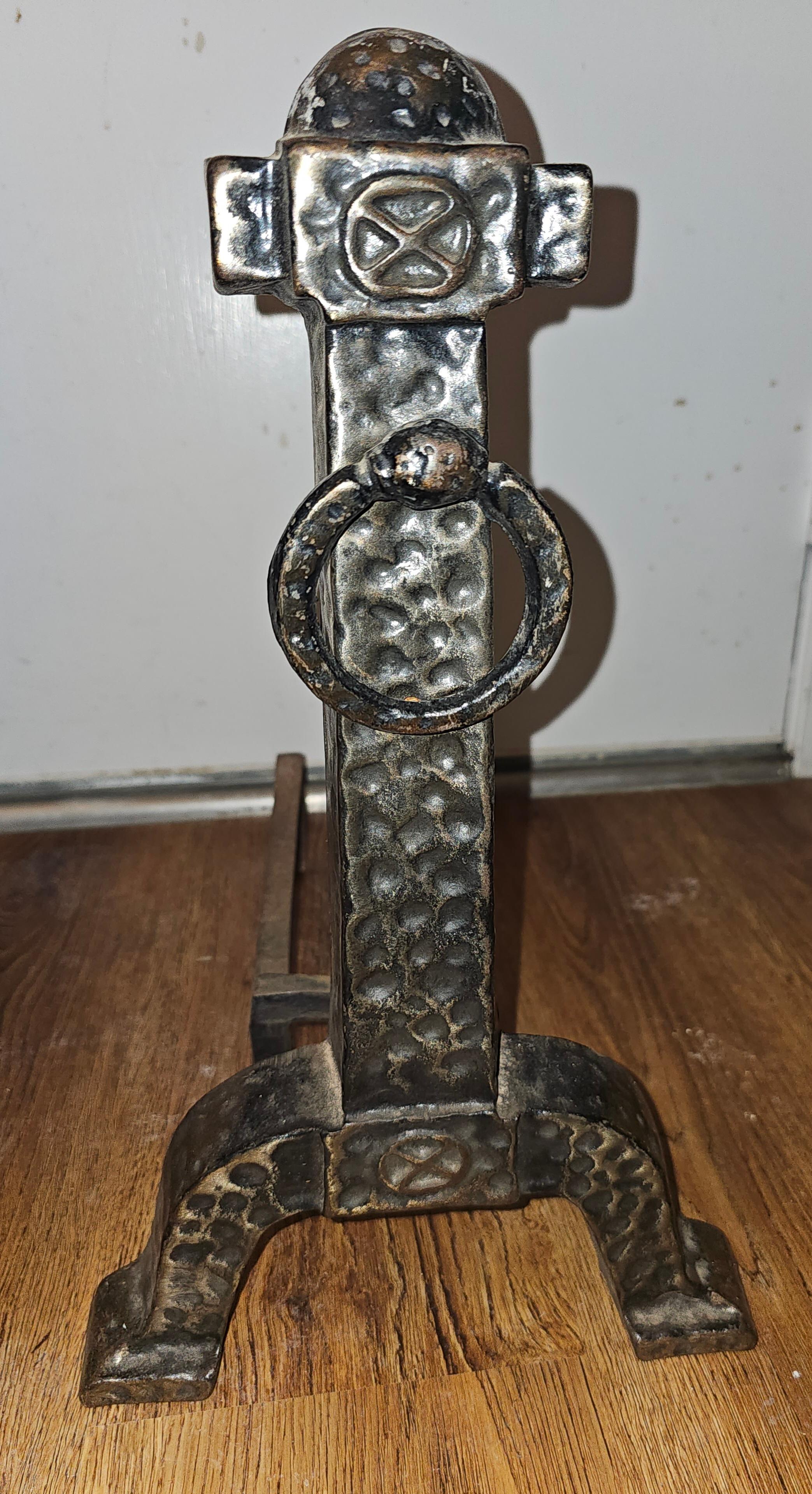 A Pair of 19th Century Japanese Rustic Hammered Iron Fireplace Andirons.
Recently polished.
Measures 10