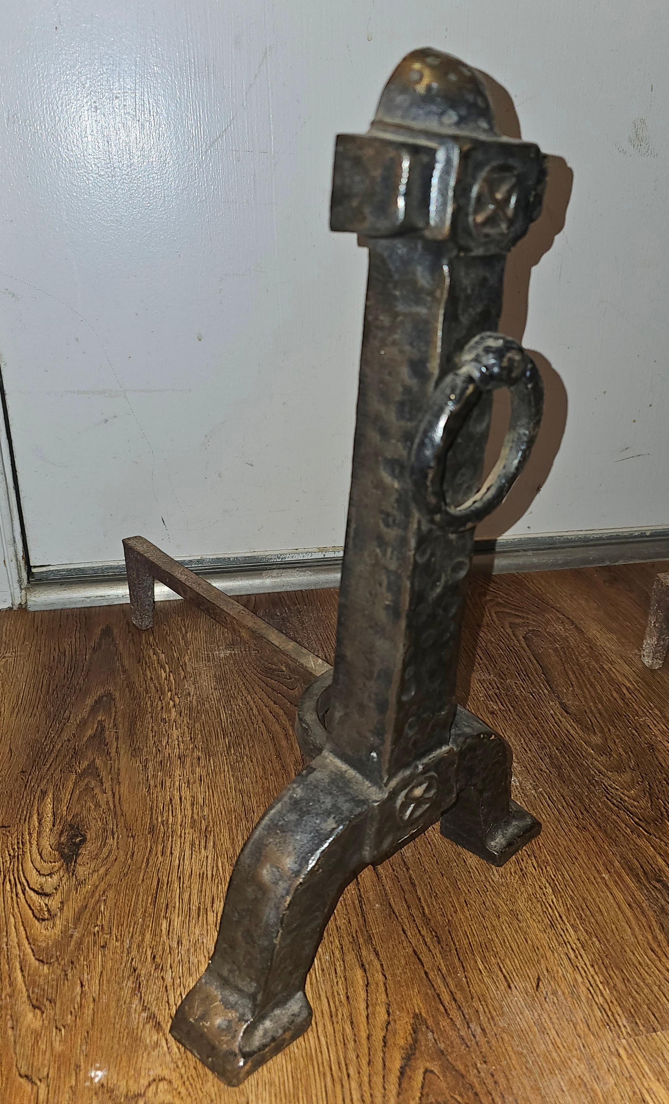 Pair of 19th Century Japanese Rustic Hammered Iron Fireplace Andirons In Good Condition For Sale In Germantown, MD