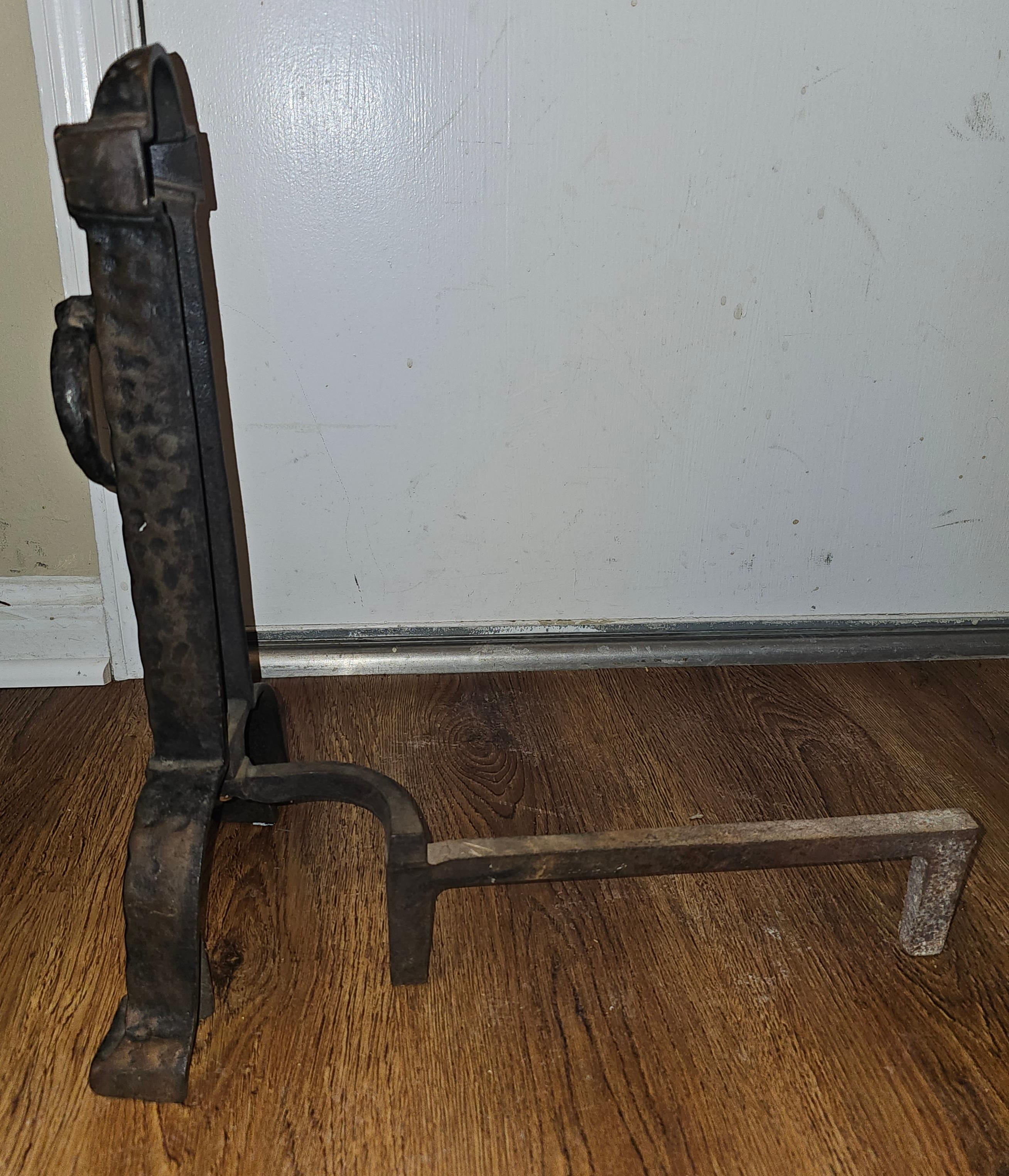 Pair of 19th Century Japanese Rustic Hammered Iron Fireplace Andirons For Sale 1