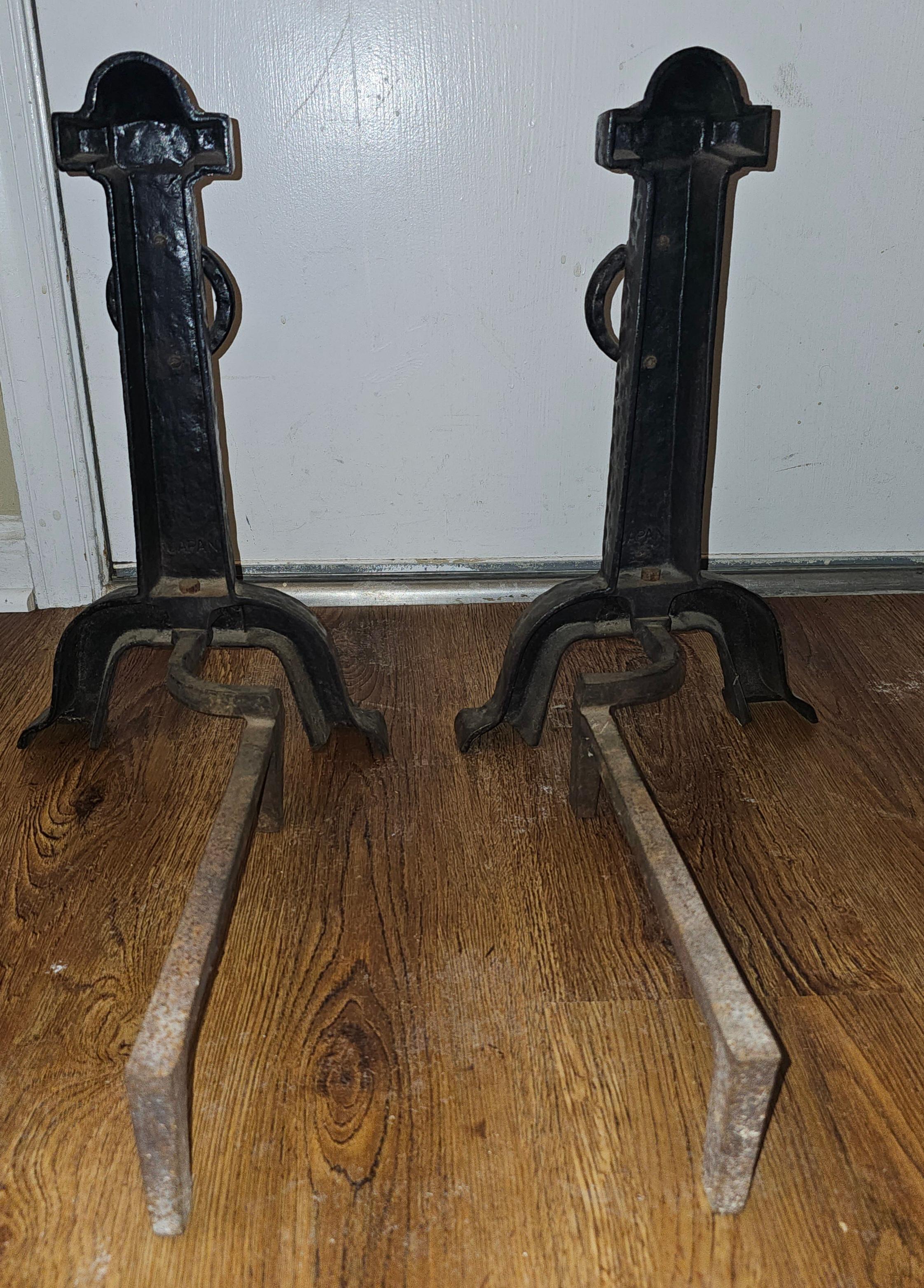 Pair of 19th Century Japanese Rustic Hammered Iron Fireplace Andirons For Sale 2