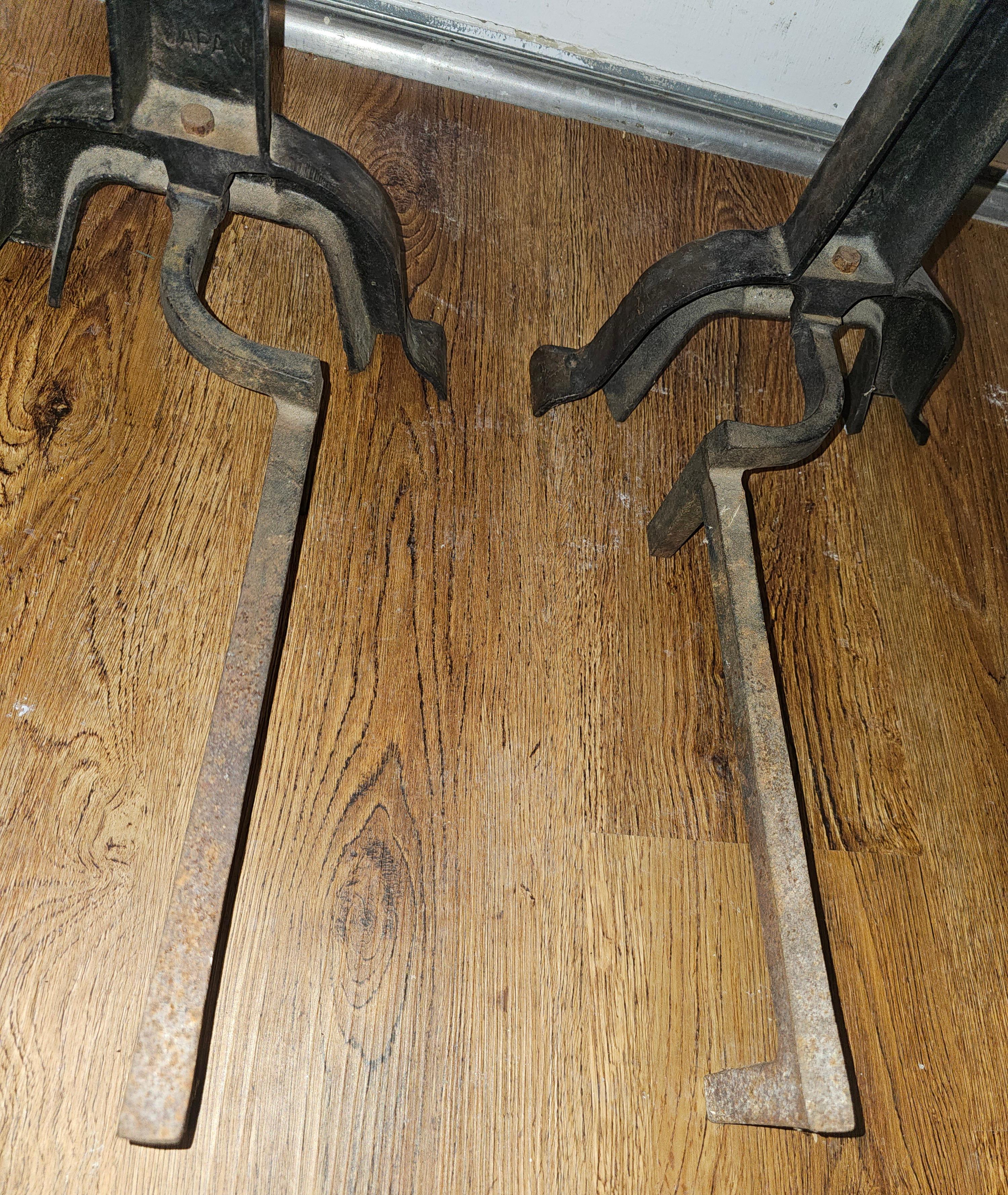 Pair of 19th Century Japanese Rustic Hammered Iron Fireplace Andirons For Sale 3