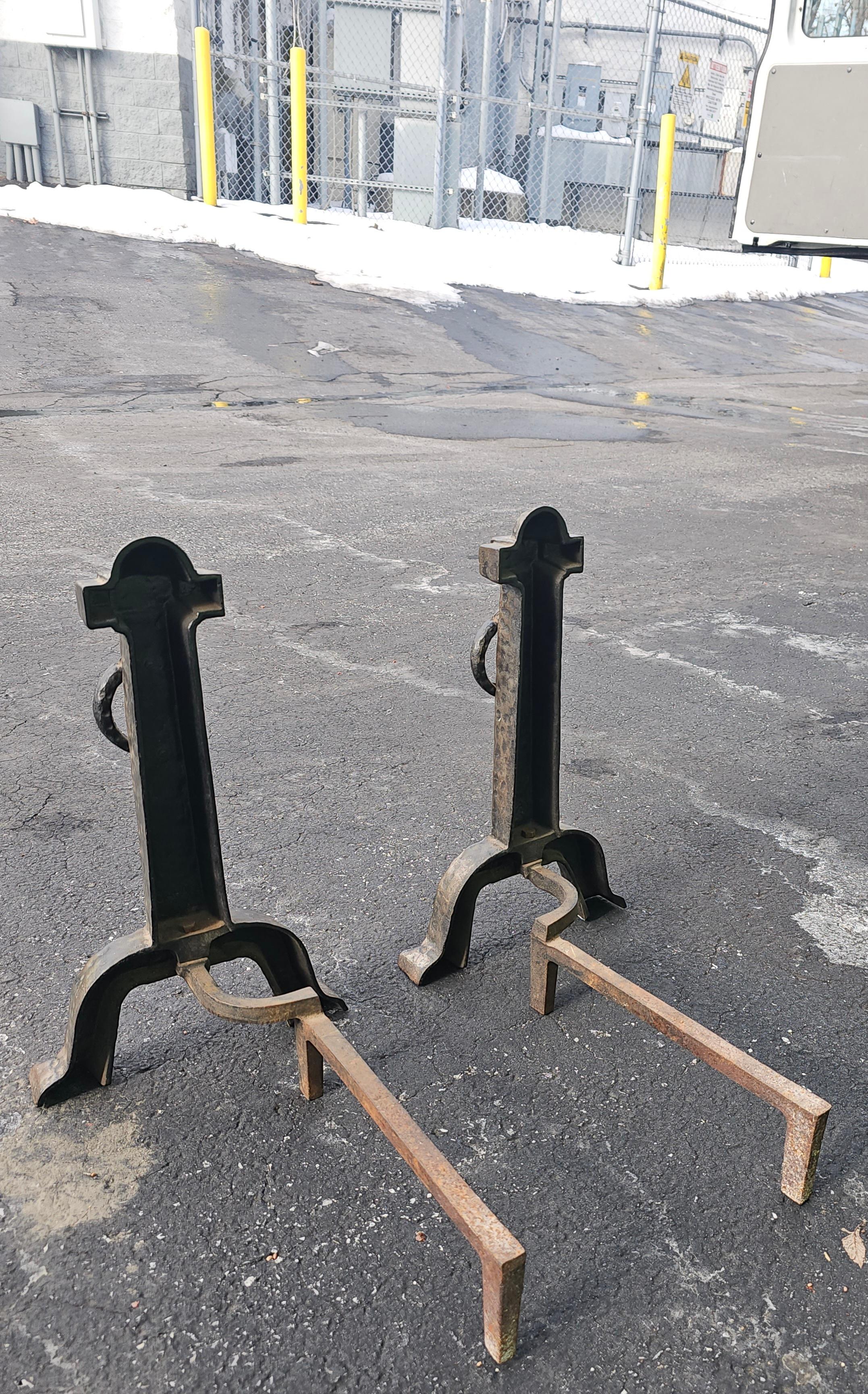 Pair of 19th Century Japanese Rustic Hammered Iron Fireplace Andirons For Sale 5