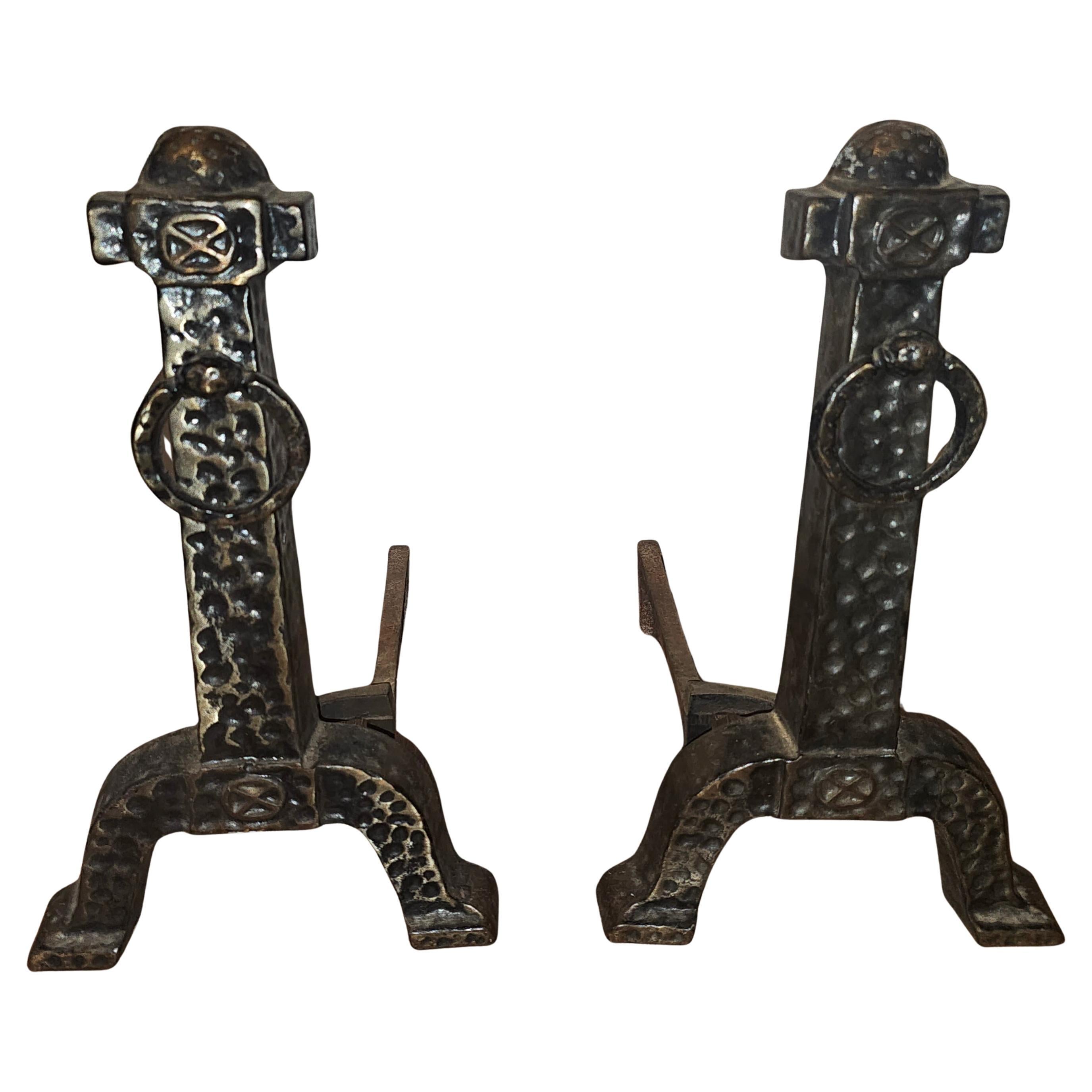 Pair of 19th Century Japanese Rustic Hammered Iron Fireplace Andirons