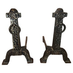 Pair of 19th Century Japanese Rustic Hammered Iron Fireplace Andirons