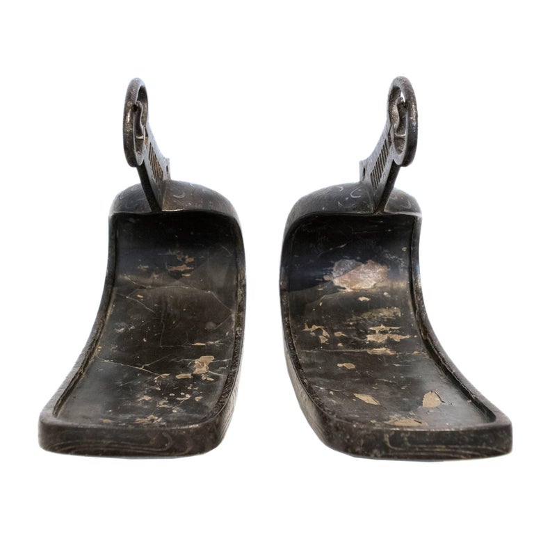 Étrier De Selle Samouraï Japonais Ancien (Abumi) - Période Edo, Fer Incrusté Bronze