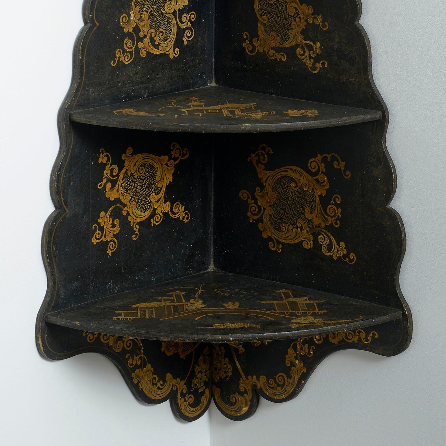 English Pair of 19th Century Japanned Corner Hanging Shelves For Sale