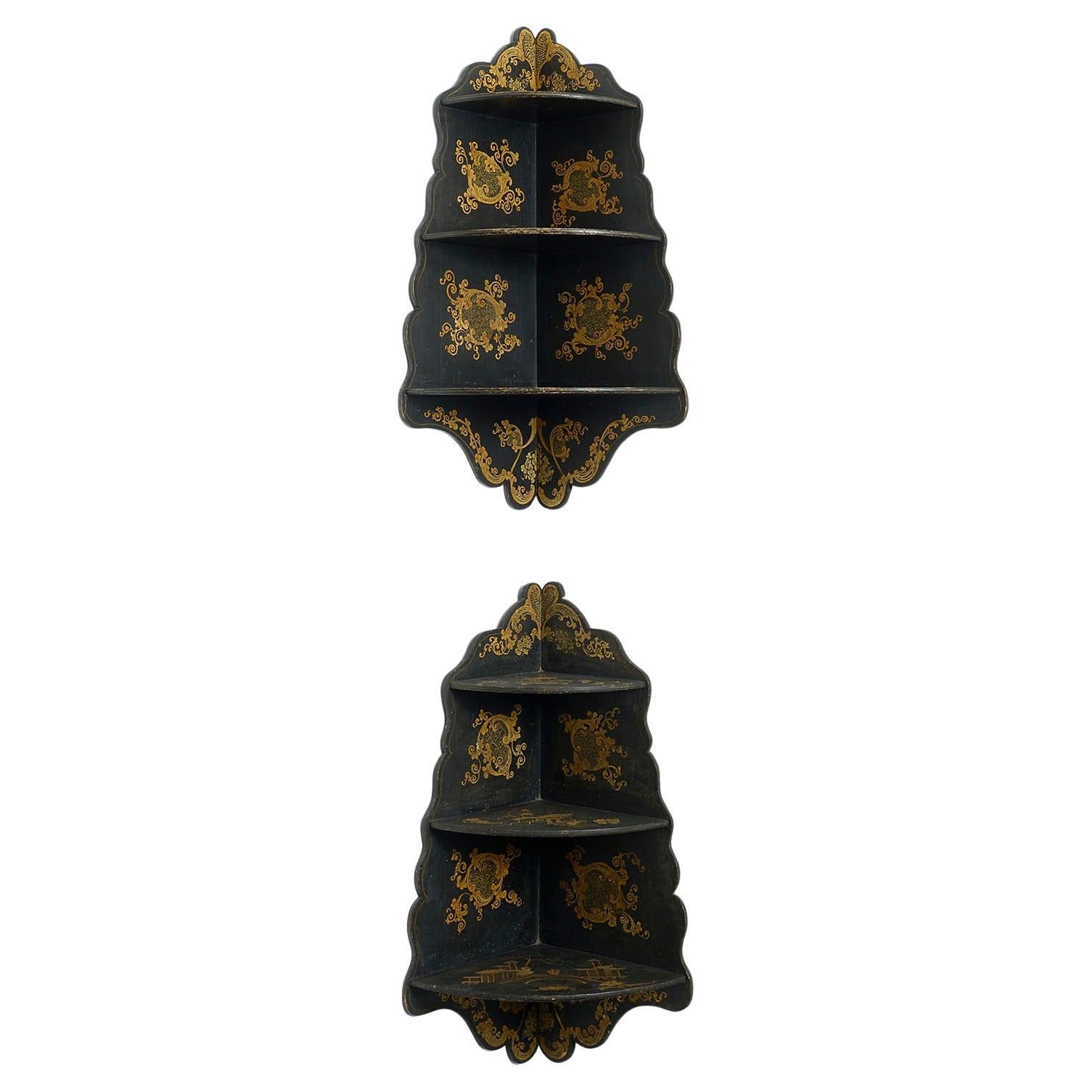 Pair of 19th Century Japanned Corner Hanging Shelves For Sale