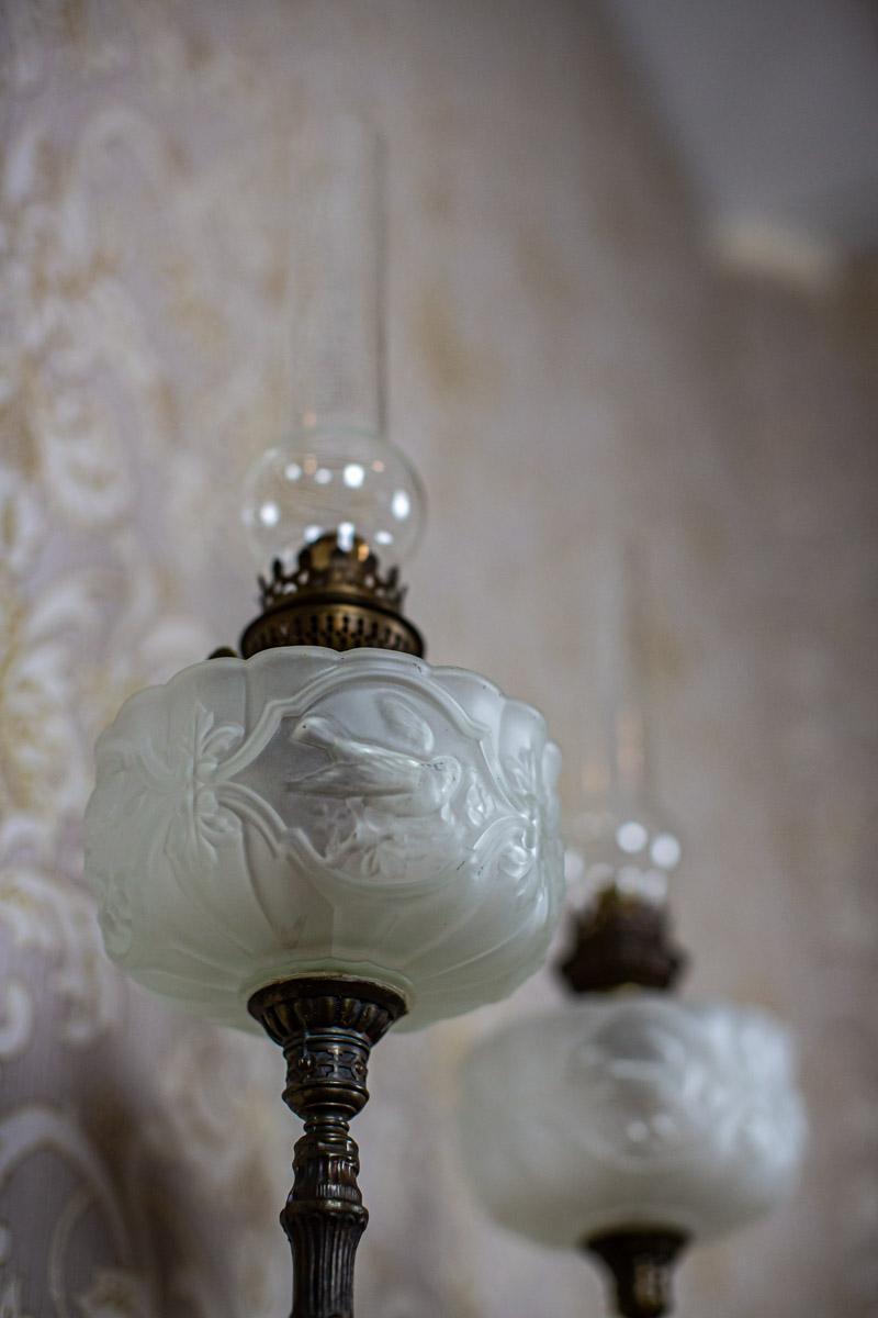 Pair of 19th-Century Milk Glass Kerosene Lamps with Metal Elements For Sale 2