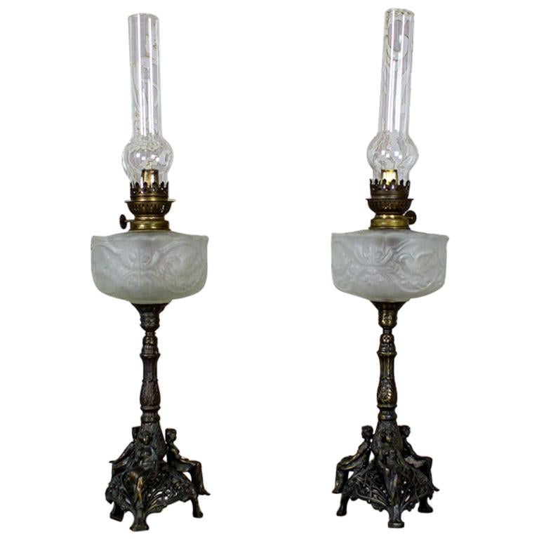 Pair of 19th-Century Milk Glass Kerosene Lamps with Metal Elements For Sale