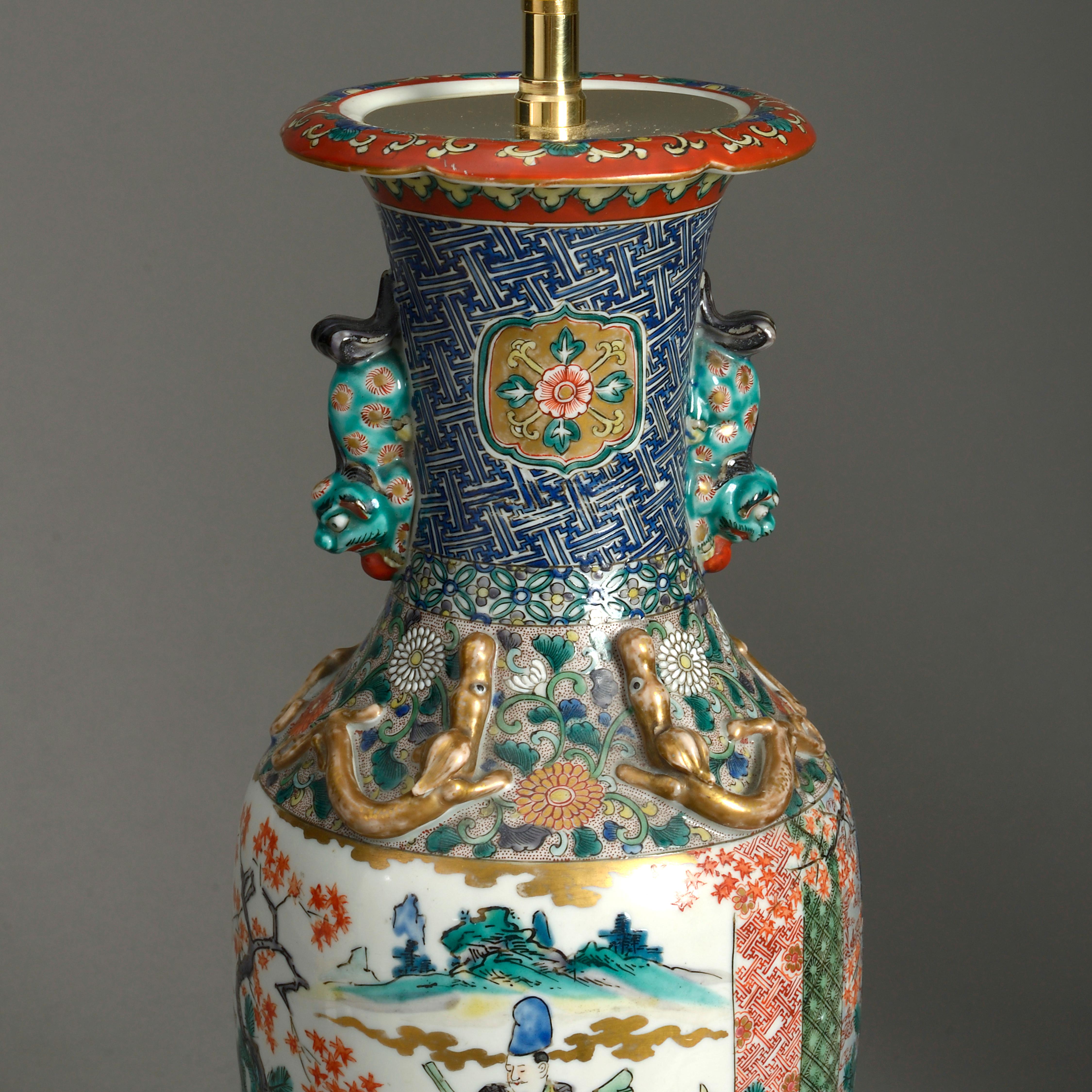 Anglo-Japanese Pair of 19th Century Kutani Porcelain Vase Lamps