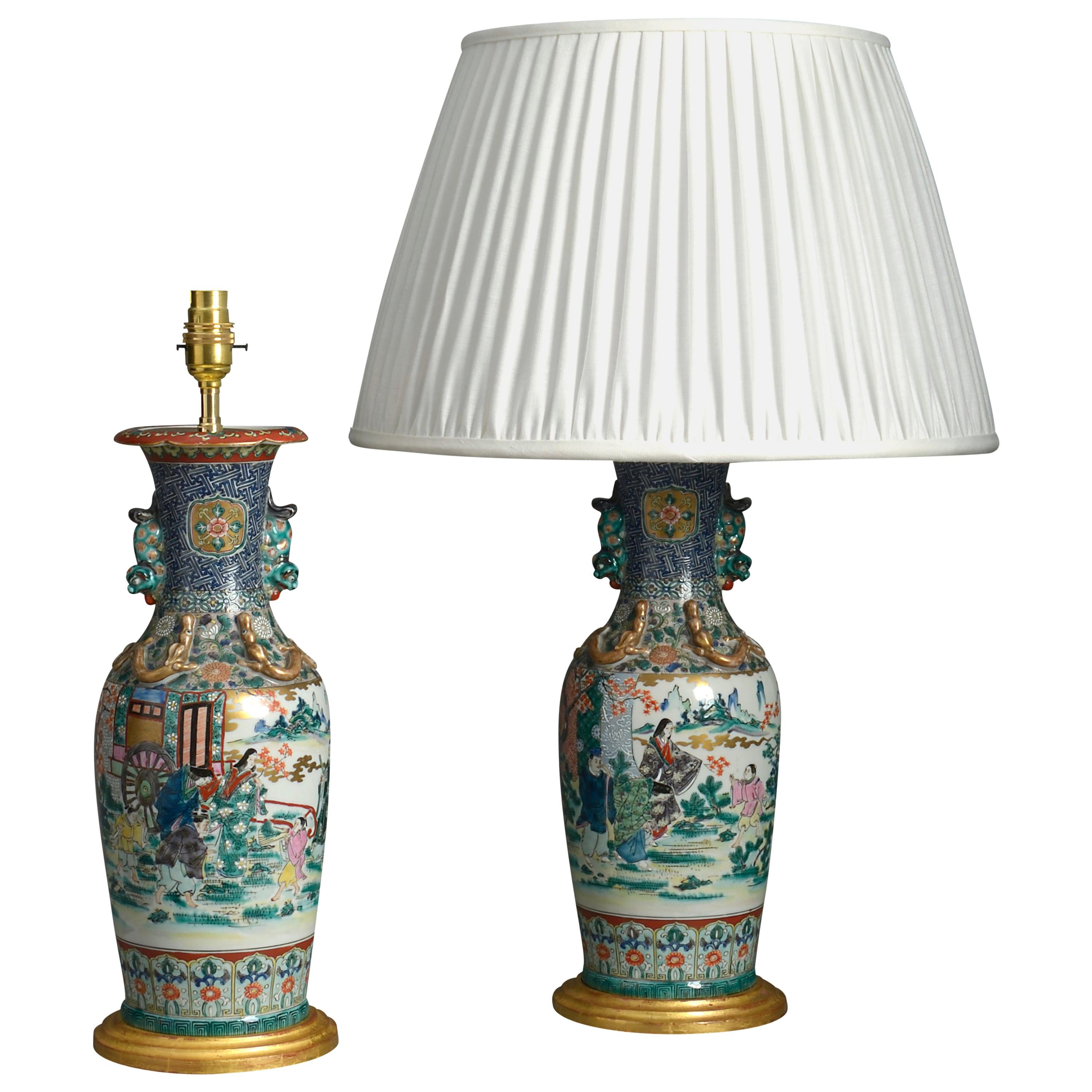 Pair of 19th Century Kutani Porcelain Vase Lamps