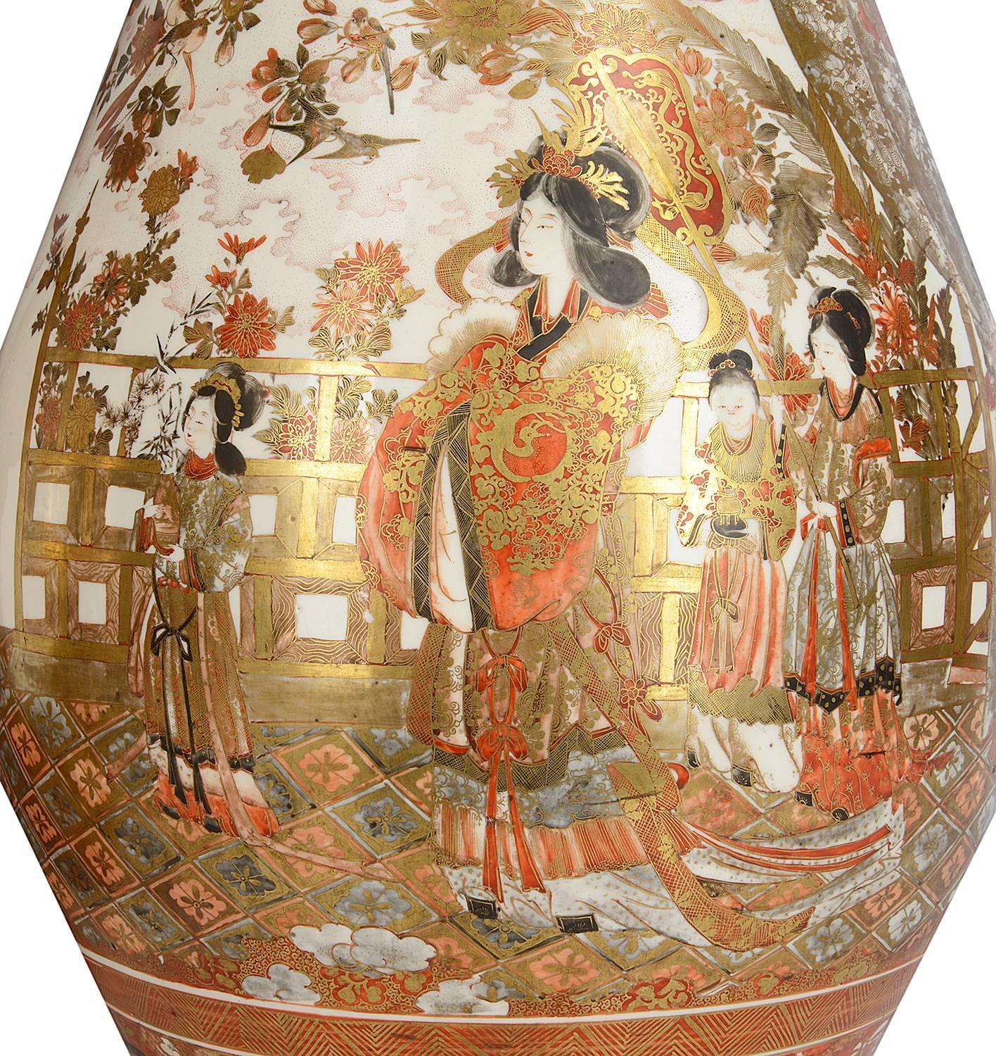 A very good quality pair of 19th century (Meiji period 1868-1912) Kutani vases, each with classical orange and gilded decoration, with motifs and flowers to the ground. Inset painted panels depicting geisha girls and children in gardens.
We can