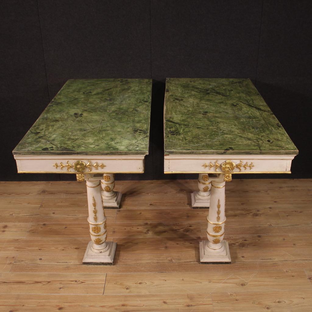 Pair of 19th Century Lacquered Wood Italian Empire Style Console Tables, 1870 For Sale 1