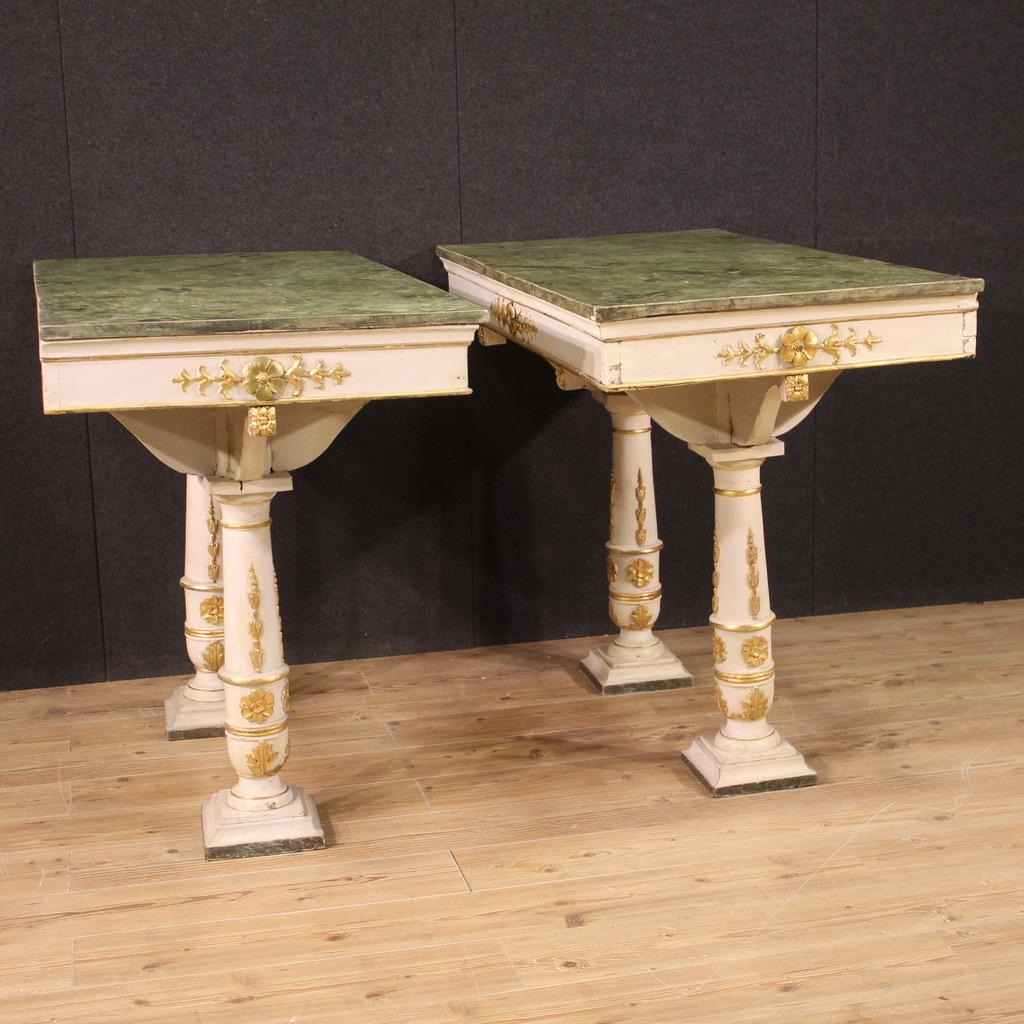 Pair of 19th Century Lacquered Wood Italian Empire Style Console Tables, 1870 For Sale 2