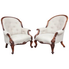 Antique Pair of 19th Century Ladies and Gentleman's Walnut Armchairs