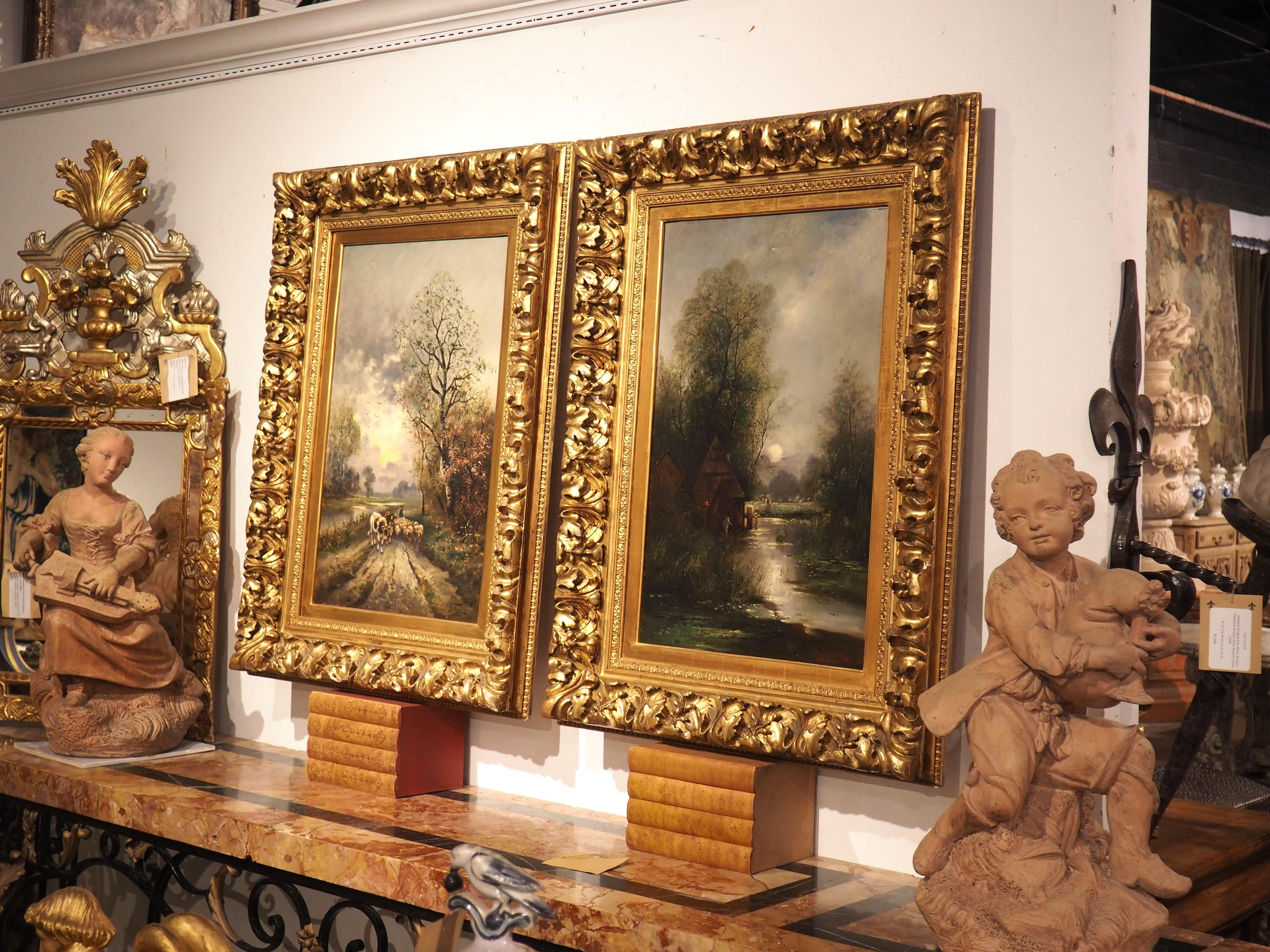Canvas Pair of 19th Century Landscape Oil Paintings in Rich Giltwood Frames