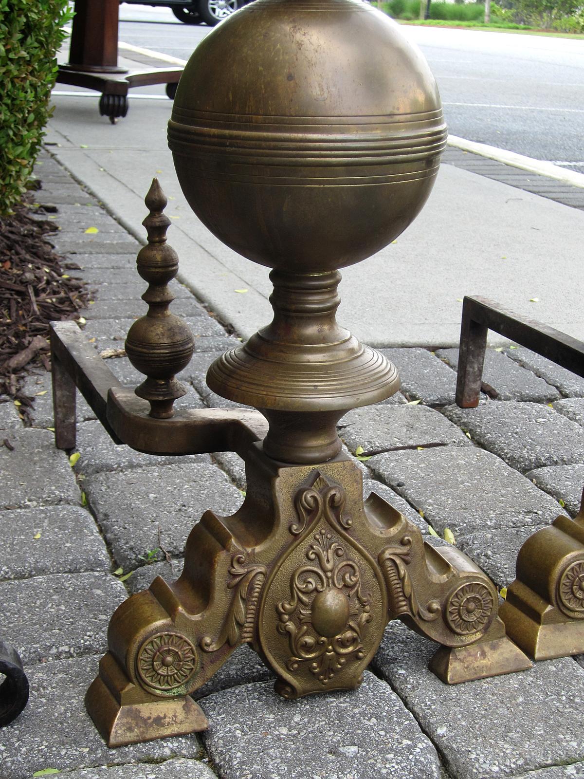 Pair of 19th Century Large Brass Andirons with Flame Finials For Sale 1