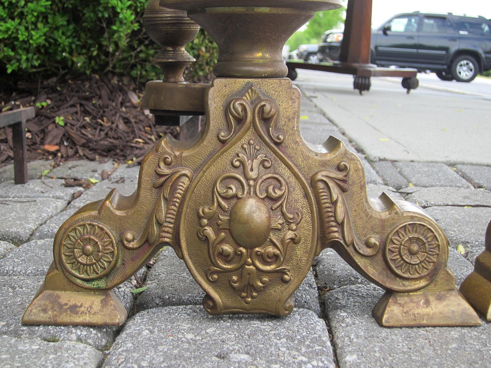 Pair of 19th Century Large Brass Andirons with Flame Finials For Sale 3