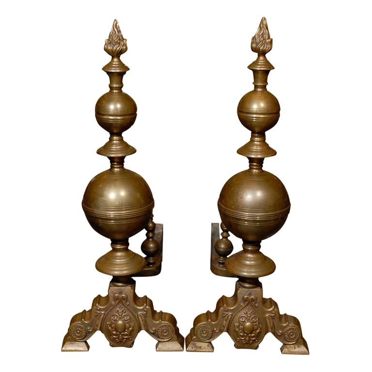 Pair of 19th Century Large Brass Andirons with Flame Finials For Sale