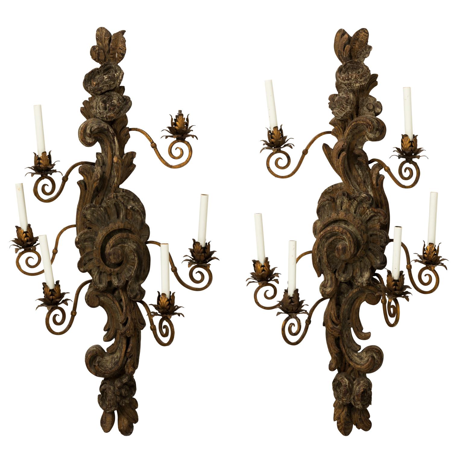 Pair of 19th Century Large Carved Walnut Six-Arm Sconces