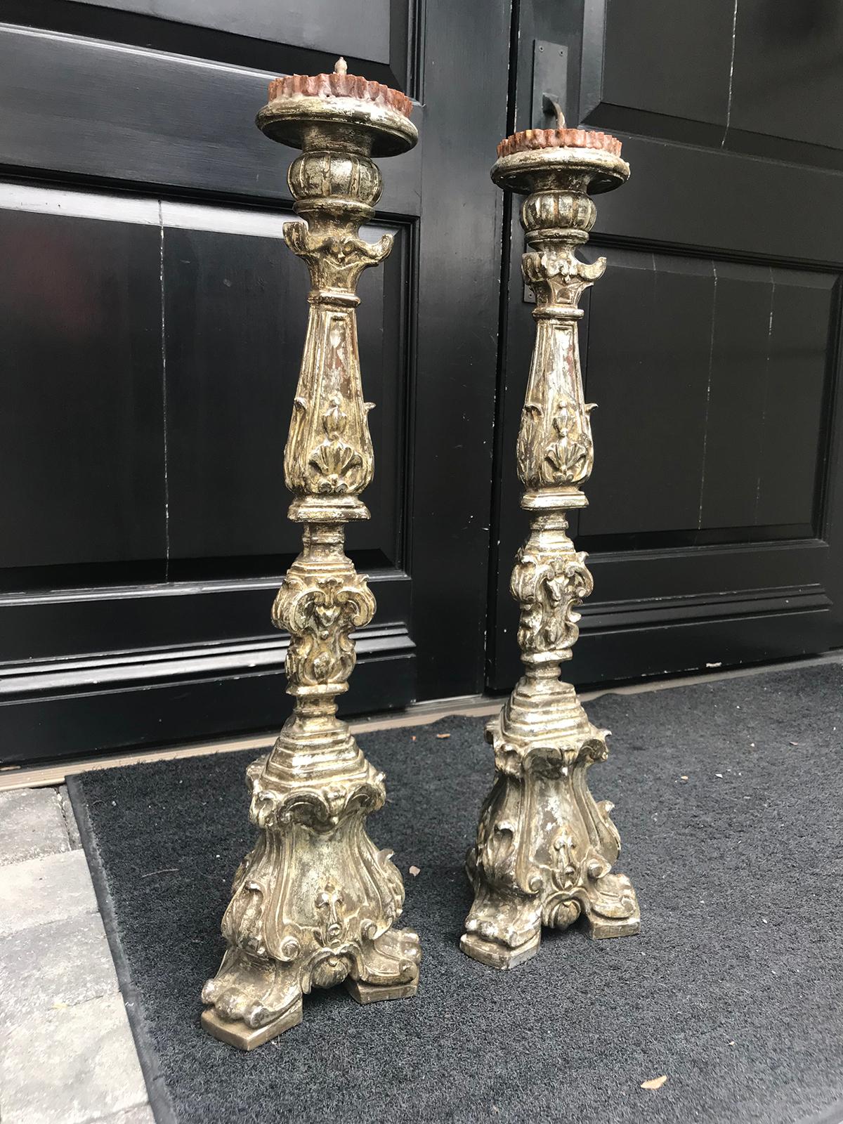 Pair of 19th Century Large Italian Carved Giltwood Pricket 4