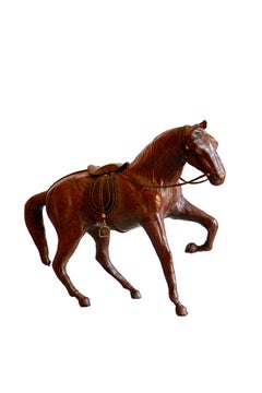 Pair 19th Century Brown Black Leather Horses Animal Sculptures Toys and Dolls