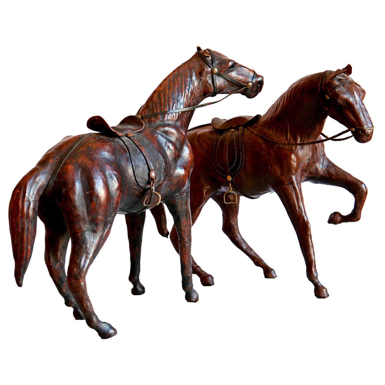 Pair 19th Century Brown Black Leather Horses Animal Sculptures Toys and Dolls For Sale