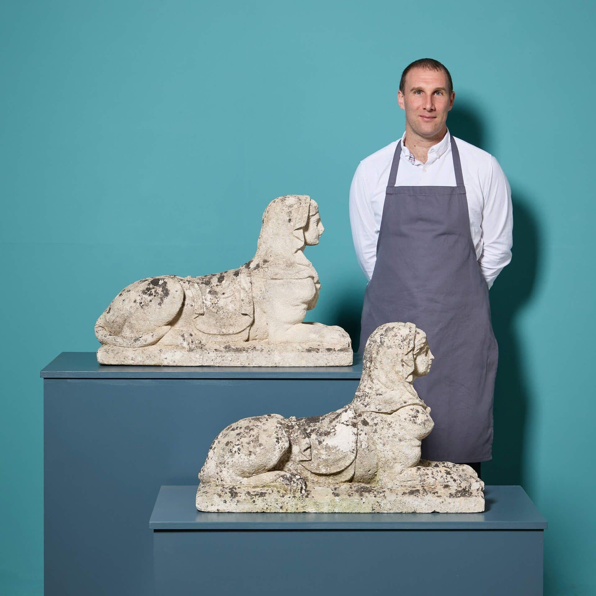Pair of 19th Century Limestone Sphinx Statues For Sale at 1stDibs