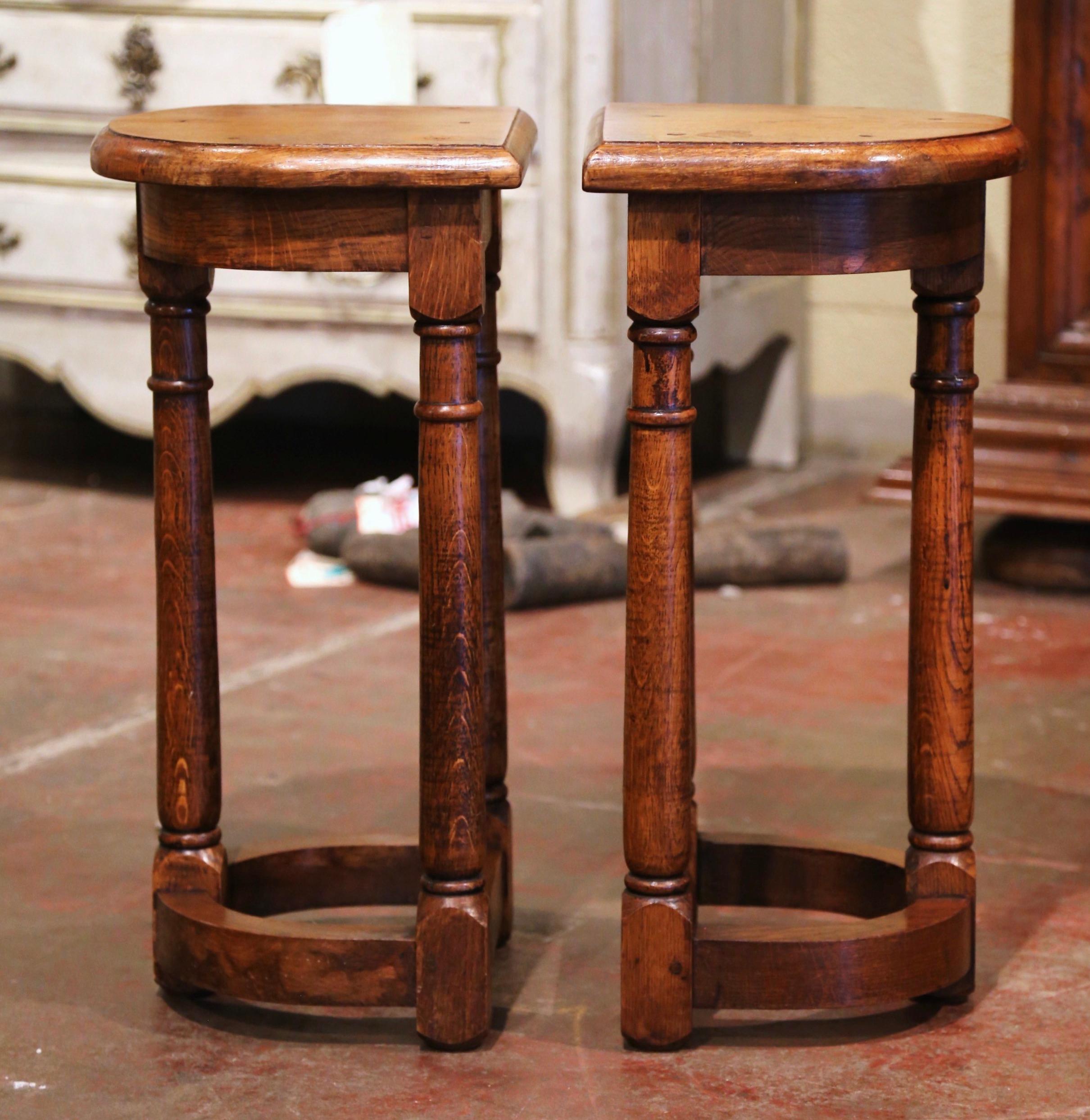 French Pair of 19th Century Louis XIII Oak Three-Leg Demilune Side Tables