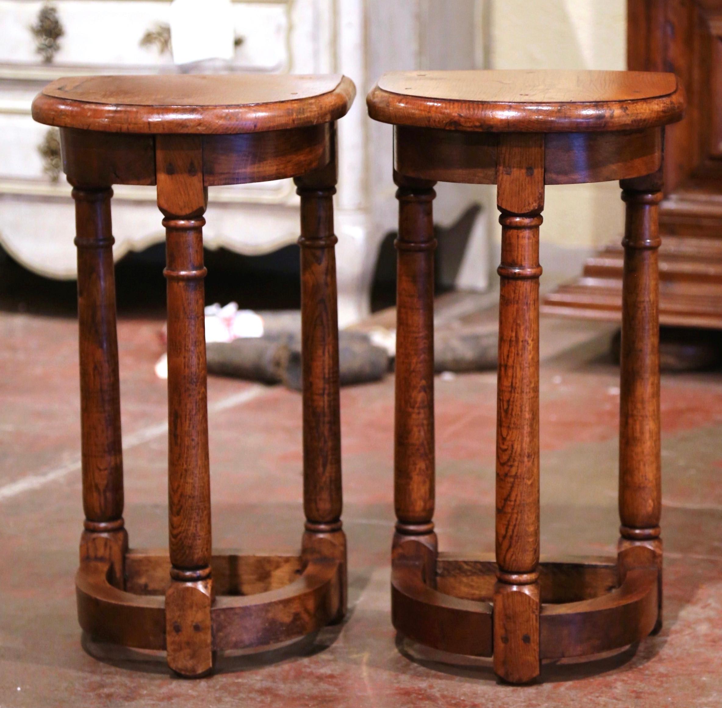 Hand-Carved Pair of 19th Century Louis XIII Oak Three-Leg Demilune Side Tables