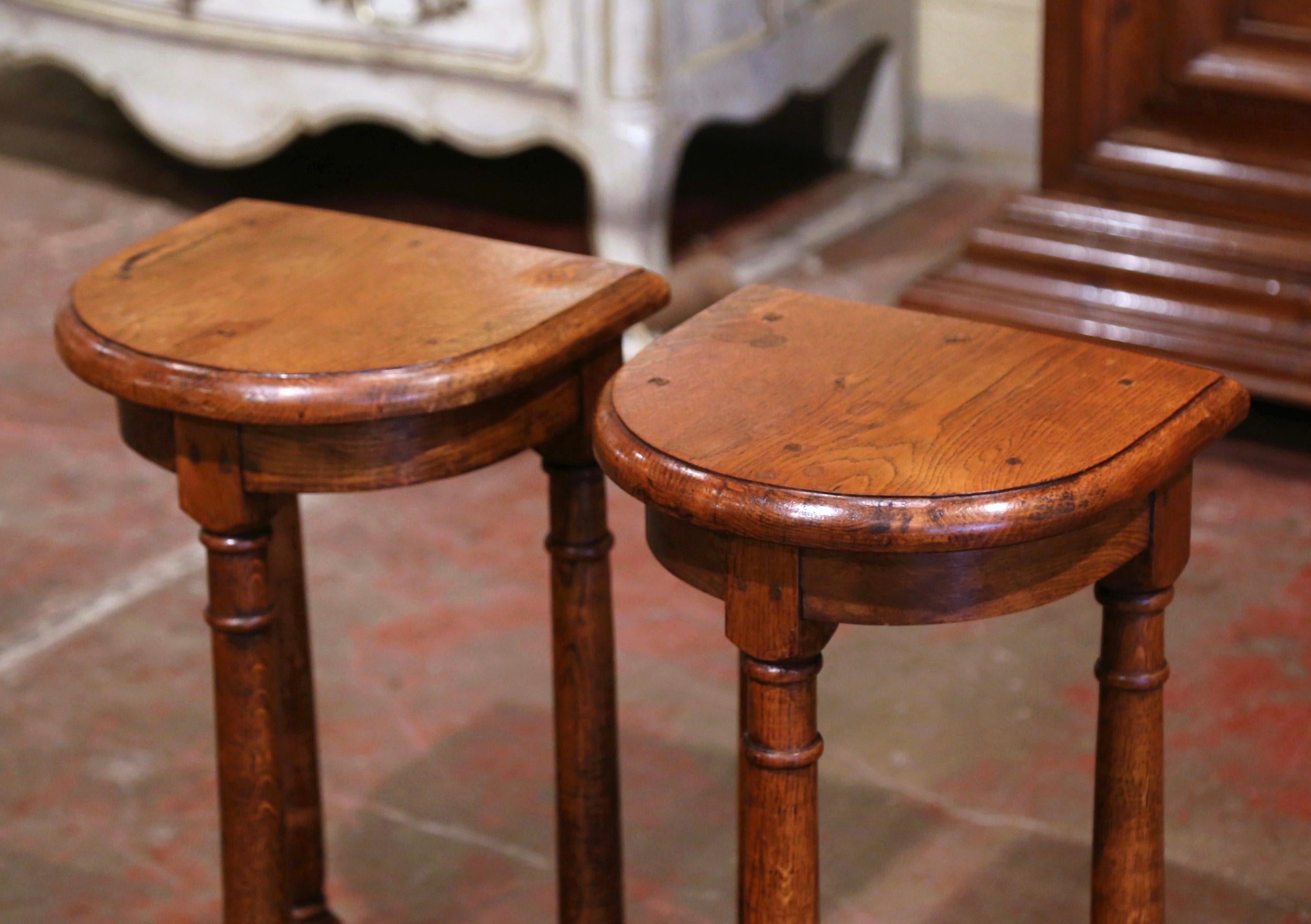 Pair of 19th Century Louis XIII Oak Three-Leg Demilune Side Tables In Excellent Condition In Dallas, TX