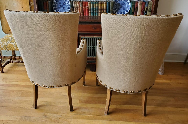 Louis XIII Pair of Recently Reupholstered Mid-Century High Backed Armchairs For Sale
