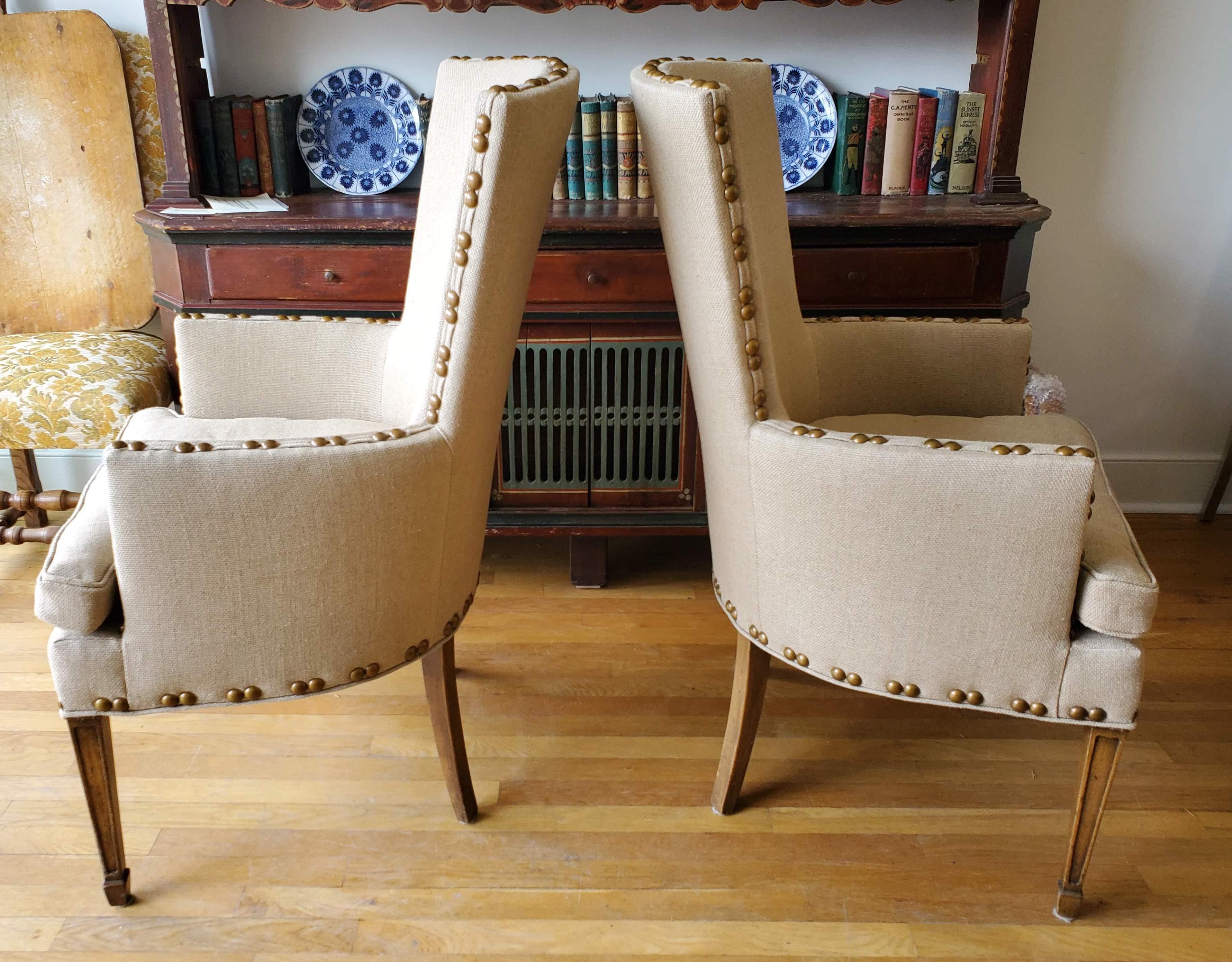 French Pair of Recently Reupholstered Mid-Century High Backed Armchairs