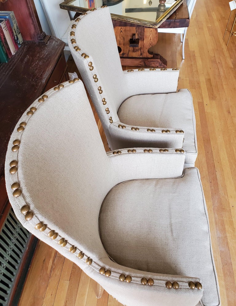 Pair of Recently Reupholstered Mid-Century High Backed Armchairs In Good Condition For Sale In Middleburg, VA