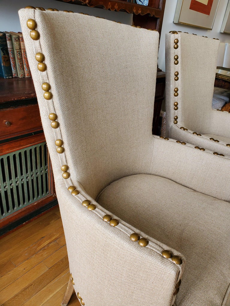 20th Century Pair of Recently Reupholstered Mid-Century High Backed Armchairs For Sale