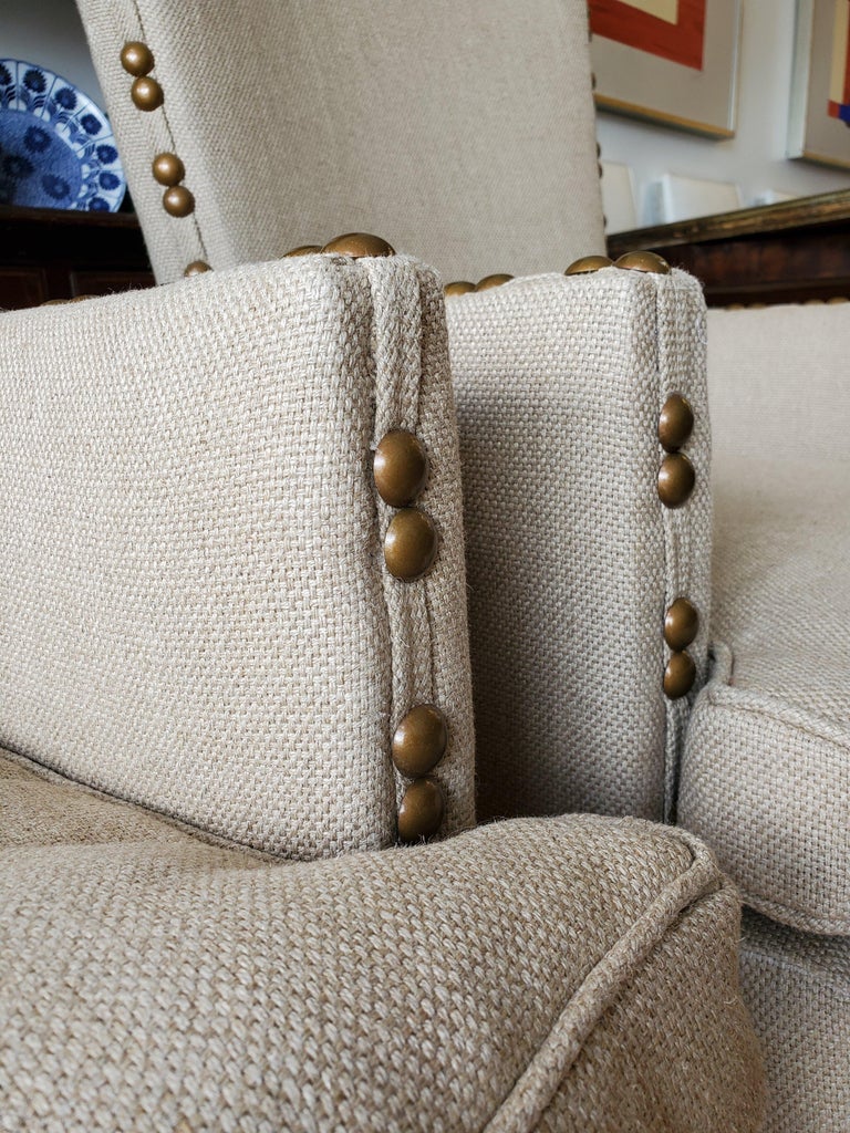 Pair of Recently Reupholstered Mid-Century High Backed Armchairs For Sale 1
