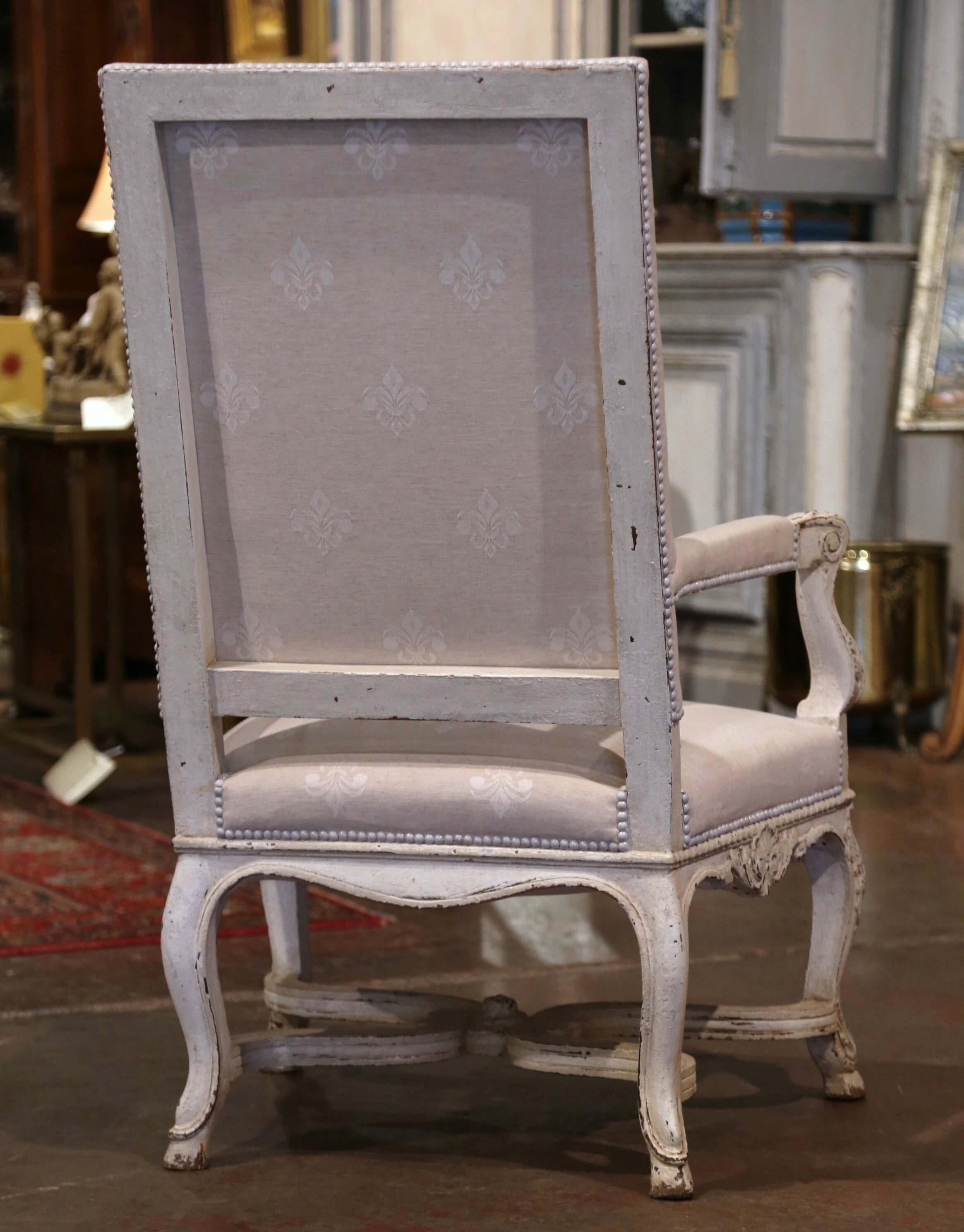 Pair of 19th Century Louis XIV Carved Painted Armchairs with Fleur-de-Lys Fabric For Sale 5