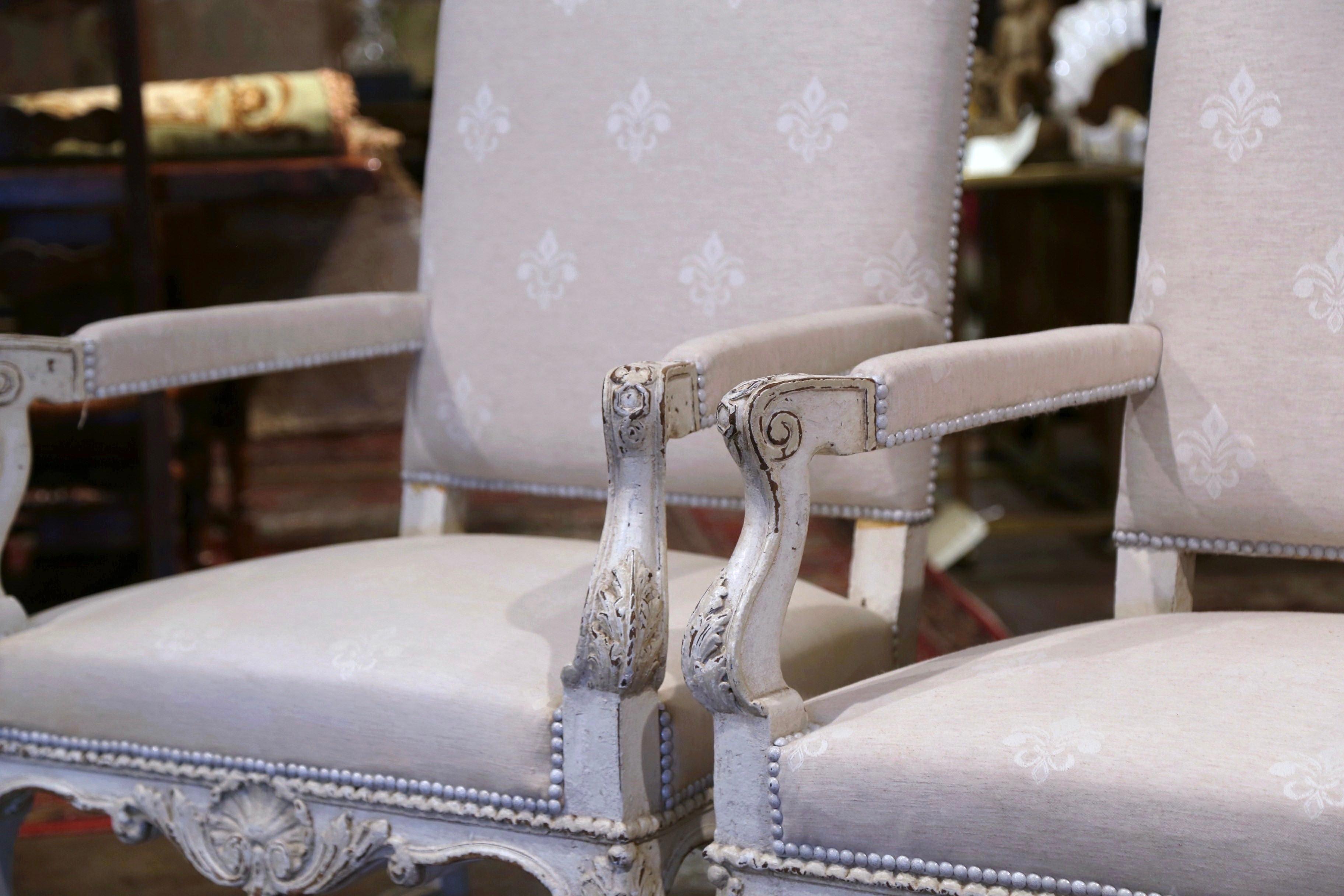 Hand-Carved Pair of 19th Century Louis XIV Carved Painted Armchairs with Fleur-de-Lys Fabric