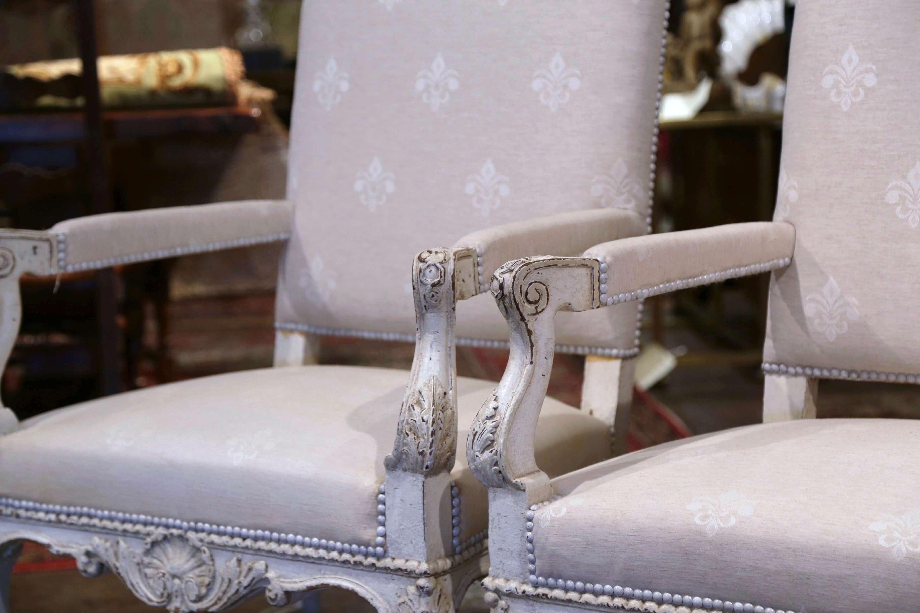 French Pair of 19th Century Louis XIV Carved Painted Armchairs with Fleur-de-Lys Fabric For Sale