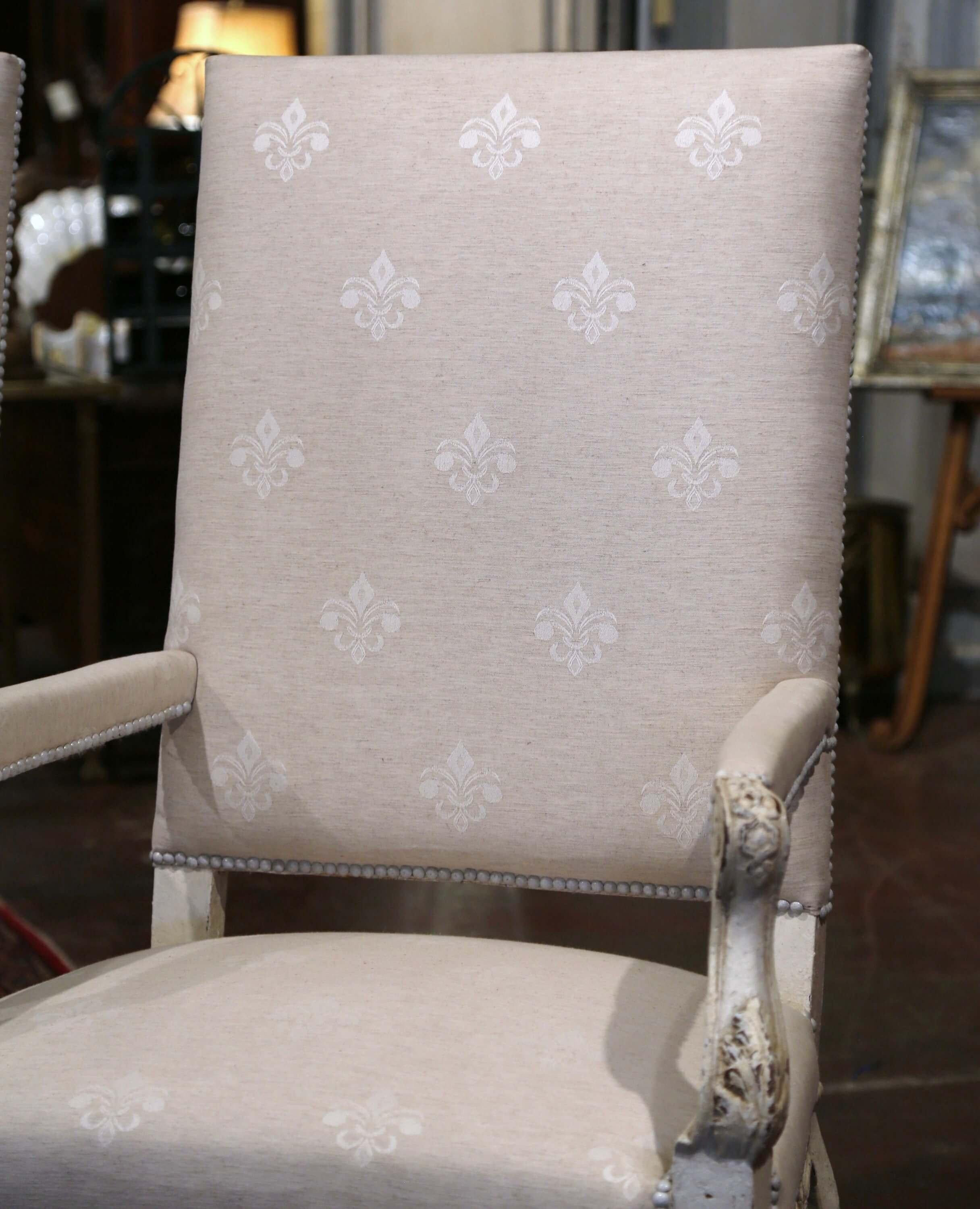 Hand-Carved Pair of 19th Century Louis XIV Carved Painted Armchairs with Fleur-de-Lys Fabric For Sale