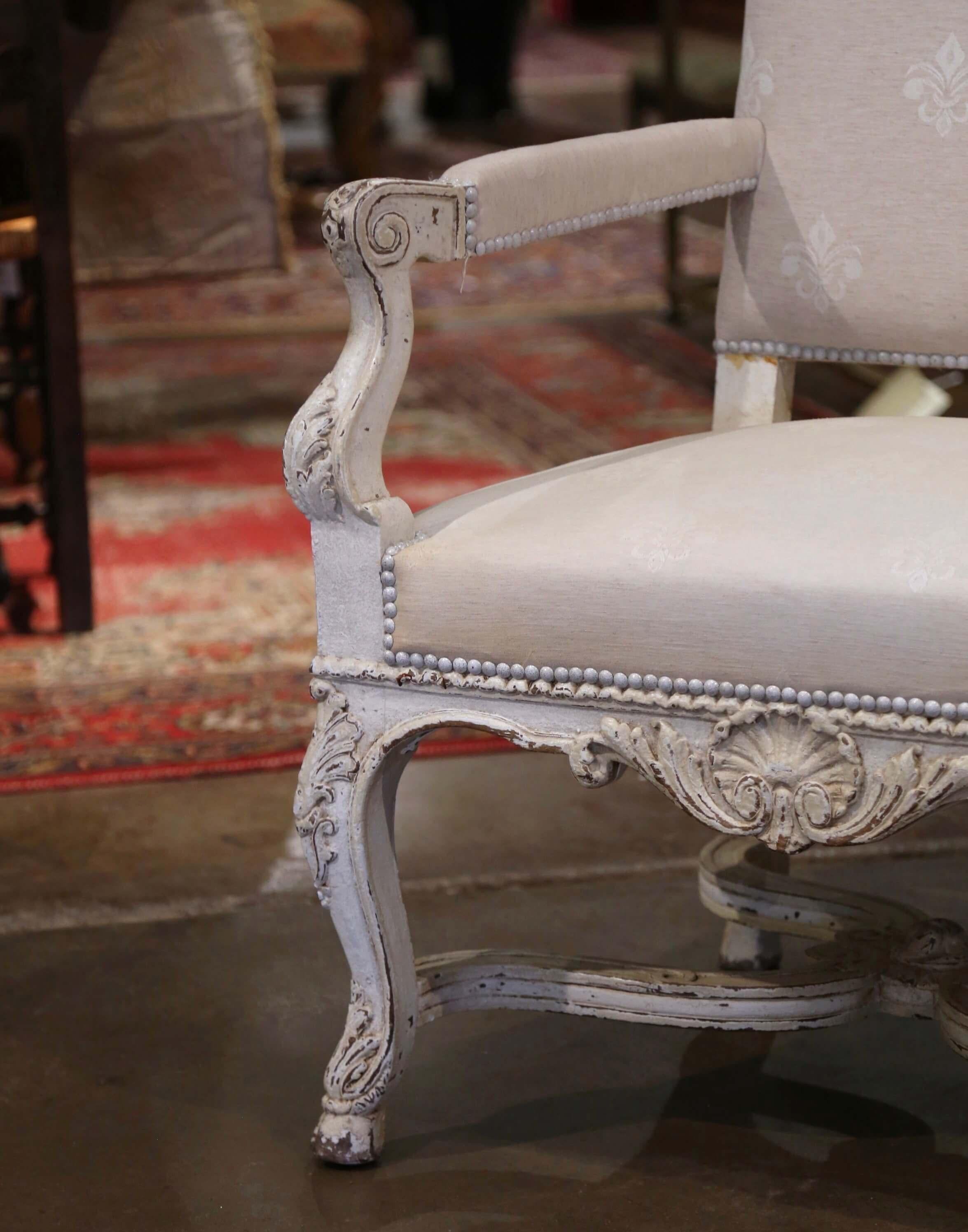 Pair of 19th Century Louis XIV Carved Painted Armchairs with Fleur-de-Lys Fabric For Sale 2