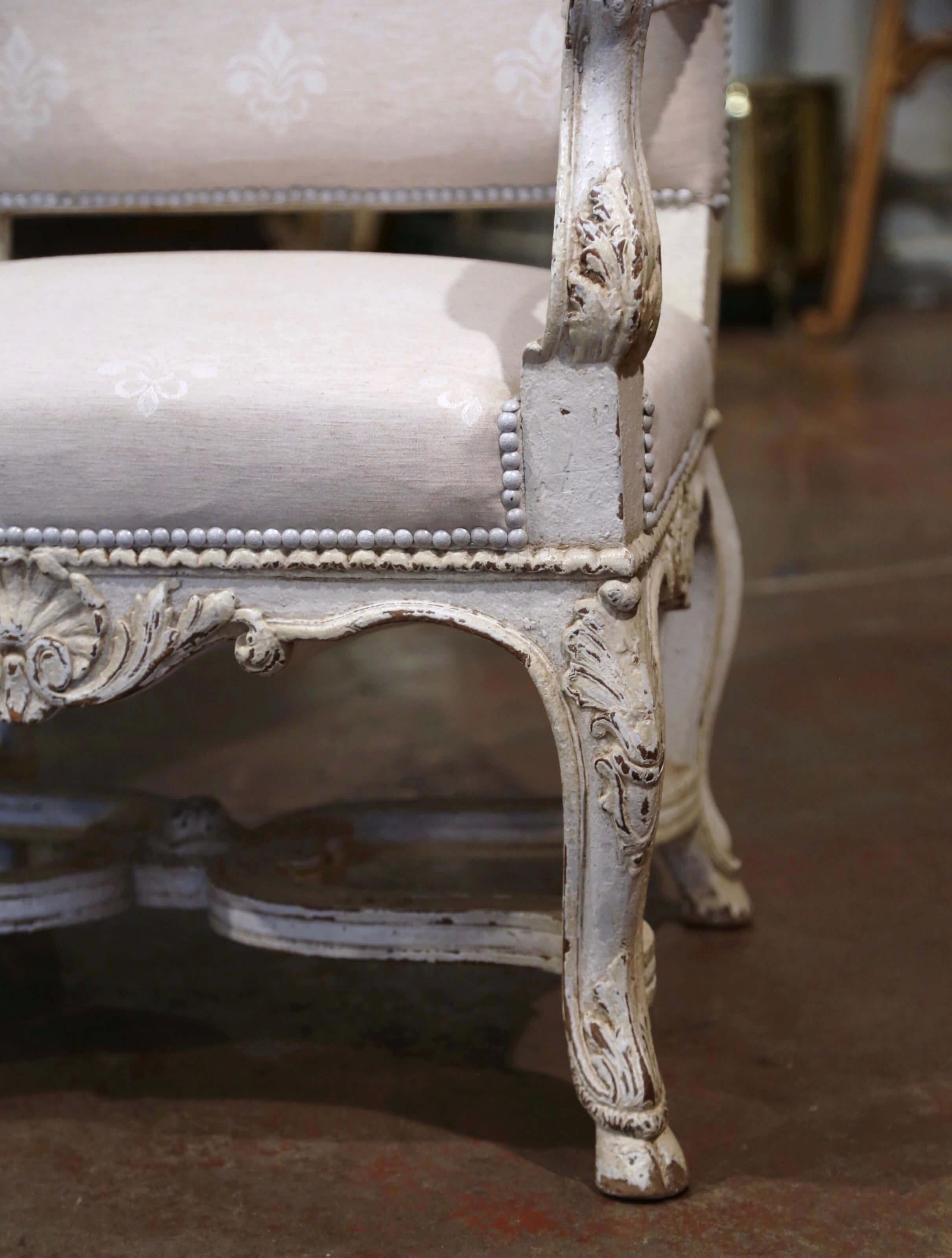 Pair of 19th Century Louis XIV Carved Painted Armchairs with Fleur-de-Lys Fabric For Sale 3
