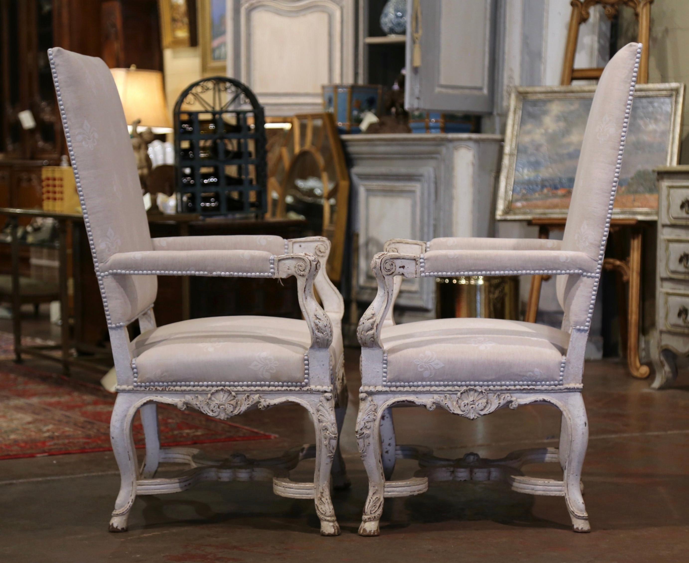 Pair of 19th Century Louis XIV Carved Painted Armchairs with Fleur-de-Lys Fabric 5