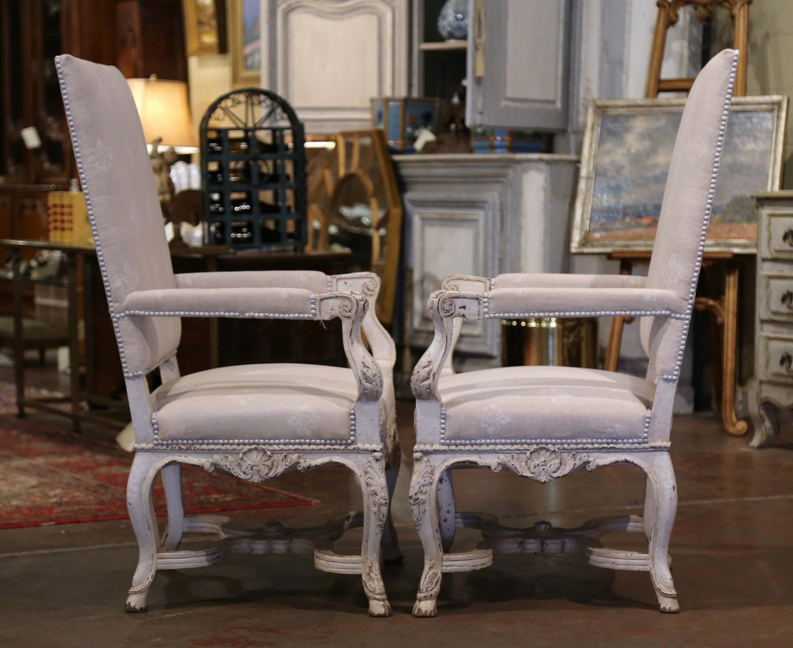 Pair of 19th Century Louis XIV Carved Painted Armchairs with Fleur-de-Lys Fabric For Sale 4